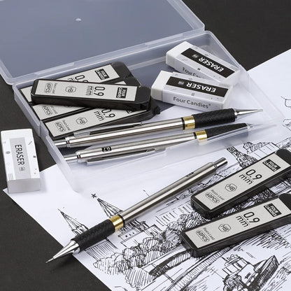 Druckbleistift Set 3er Metall 0,9mm HB-Minen Radiergummis Etui