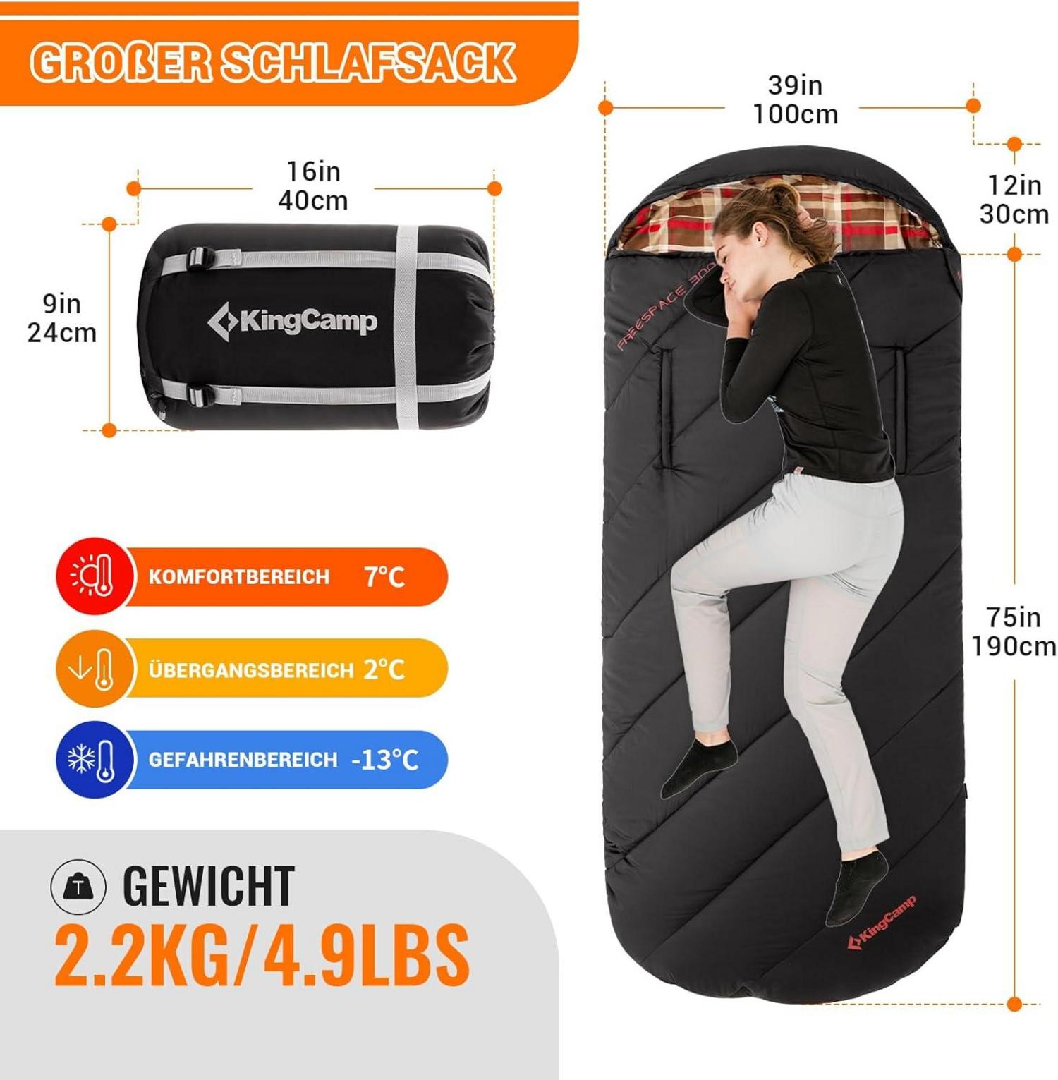 Kingcamp Flanellschlafsack 3-4 Jahreszeiten XXL warm Schlafsack