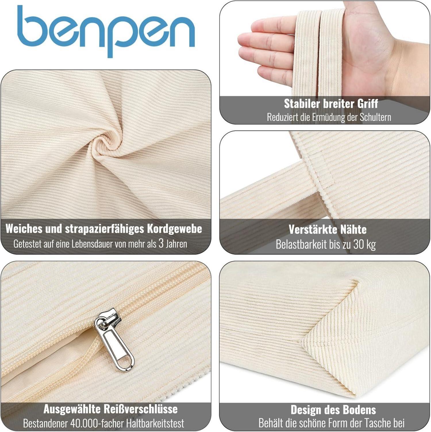 benpen Cord Uni Tote Bag Damen Beige Reißverschluss Tasche groß mit Fächern