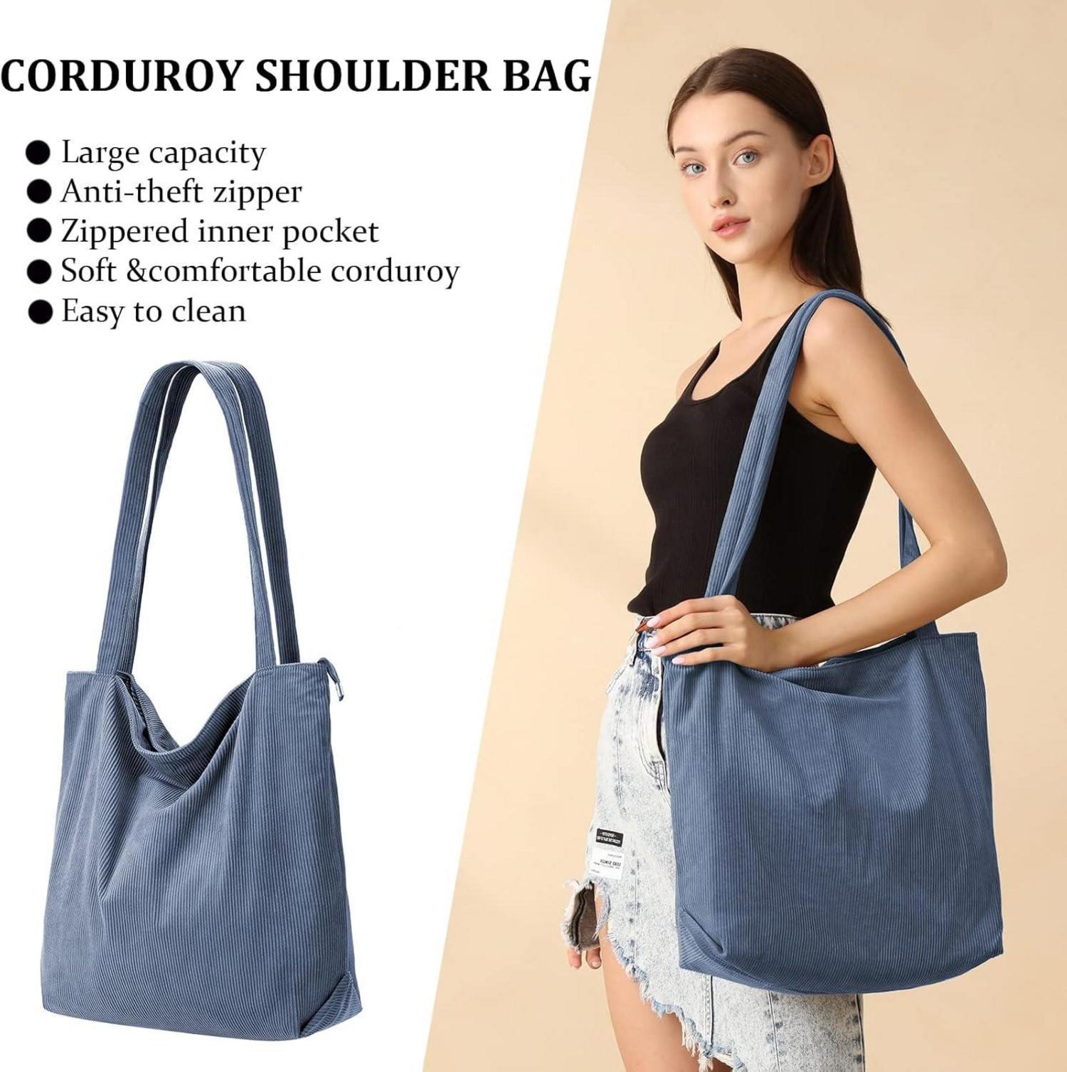 Große Cord Uni Shopper Handtasche Damen Beige 18L mit Reißverschluss