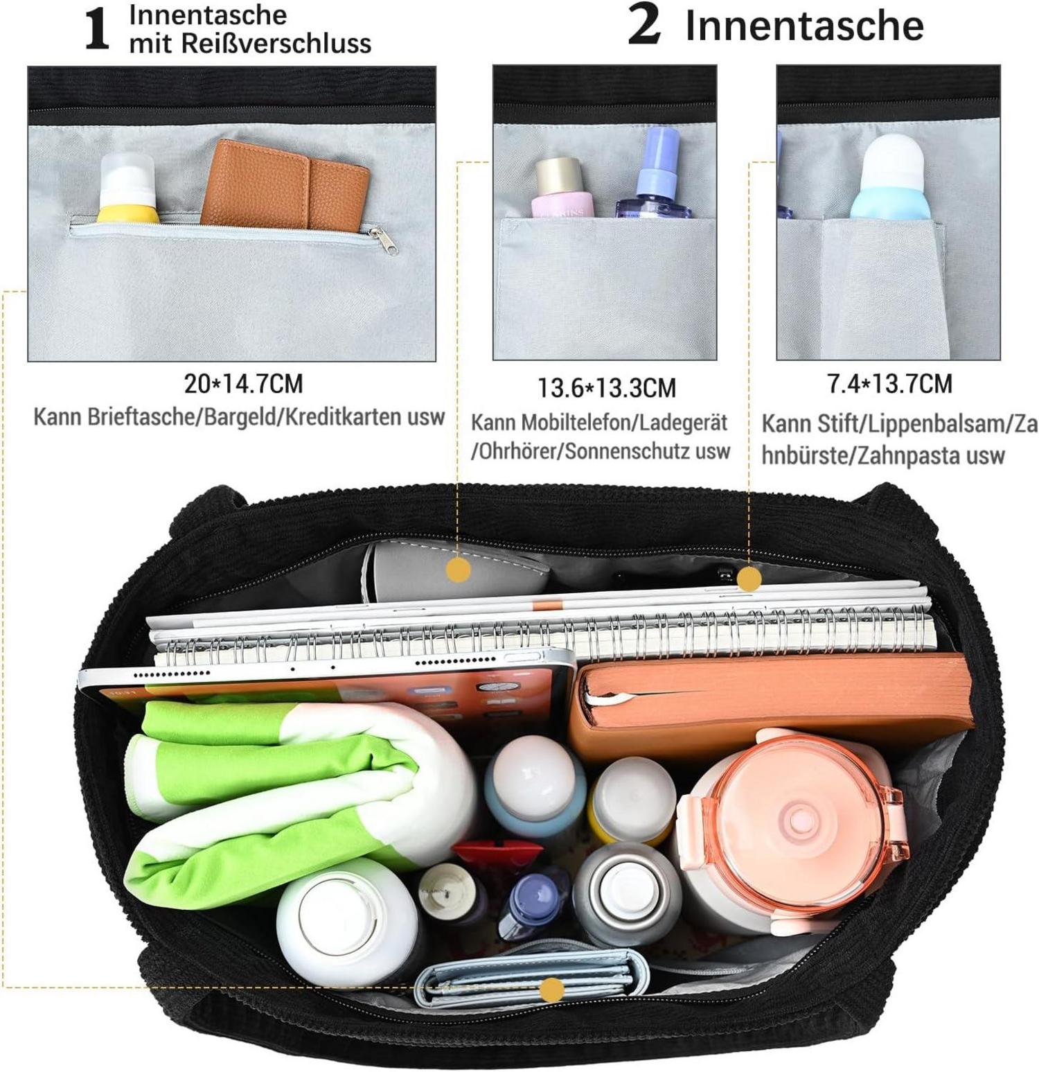 Damen Tote Bag Shopper Cord Handtasche Reißverschluss Umhängetasche