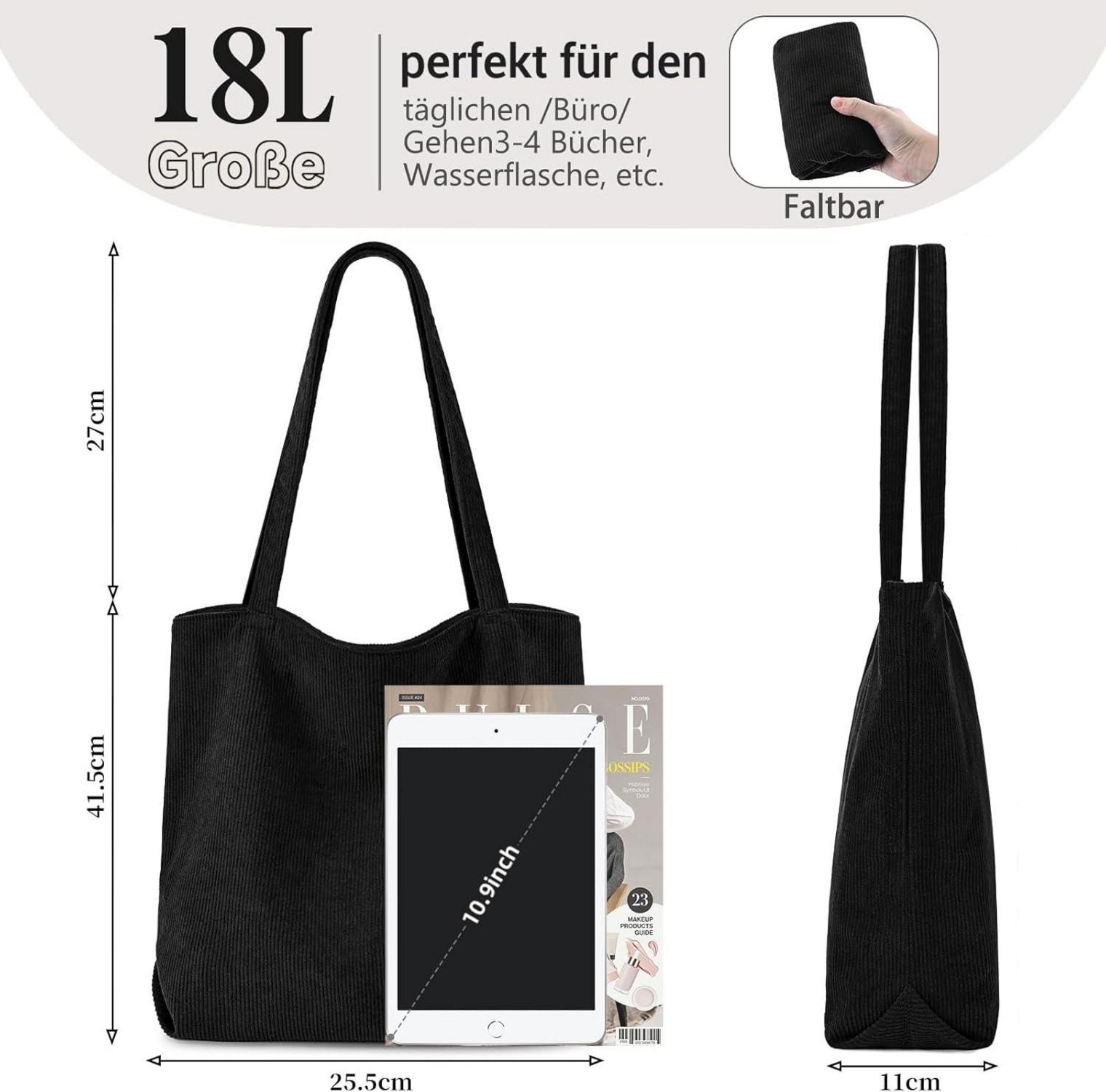 Große Damen Tote Bag Shopper Cord Tasche Reißverschluss Umhängetasche