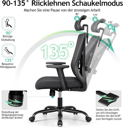 Ergonomischer Bürostuhl mit verstellbarer Kopfstütze und Lendenwirbelstütze, 130° Schaukelfunktion
