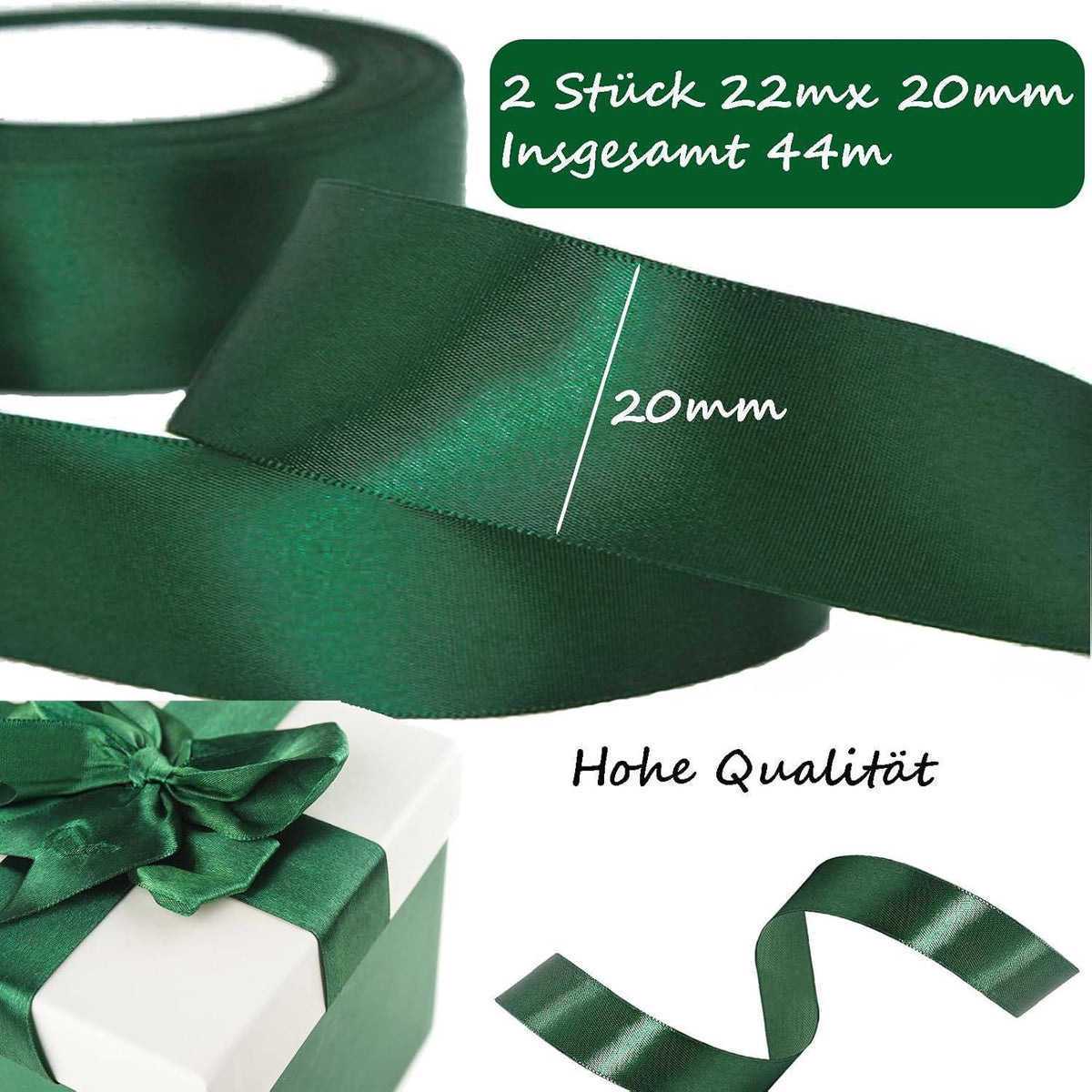 Satinband Grün 44m, 20mm Breit, für Hochzeit, Geburtstag, Deko