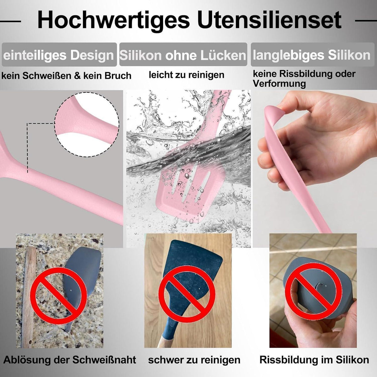 12-teiliges Silikon Küchenhelfer Set Rosa – Kochutensilien & Utensilienhalter