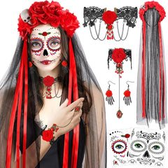 Dia De Los Muertos Halloween Haarreif Set mit Rosen Choker Ohrringe