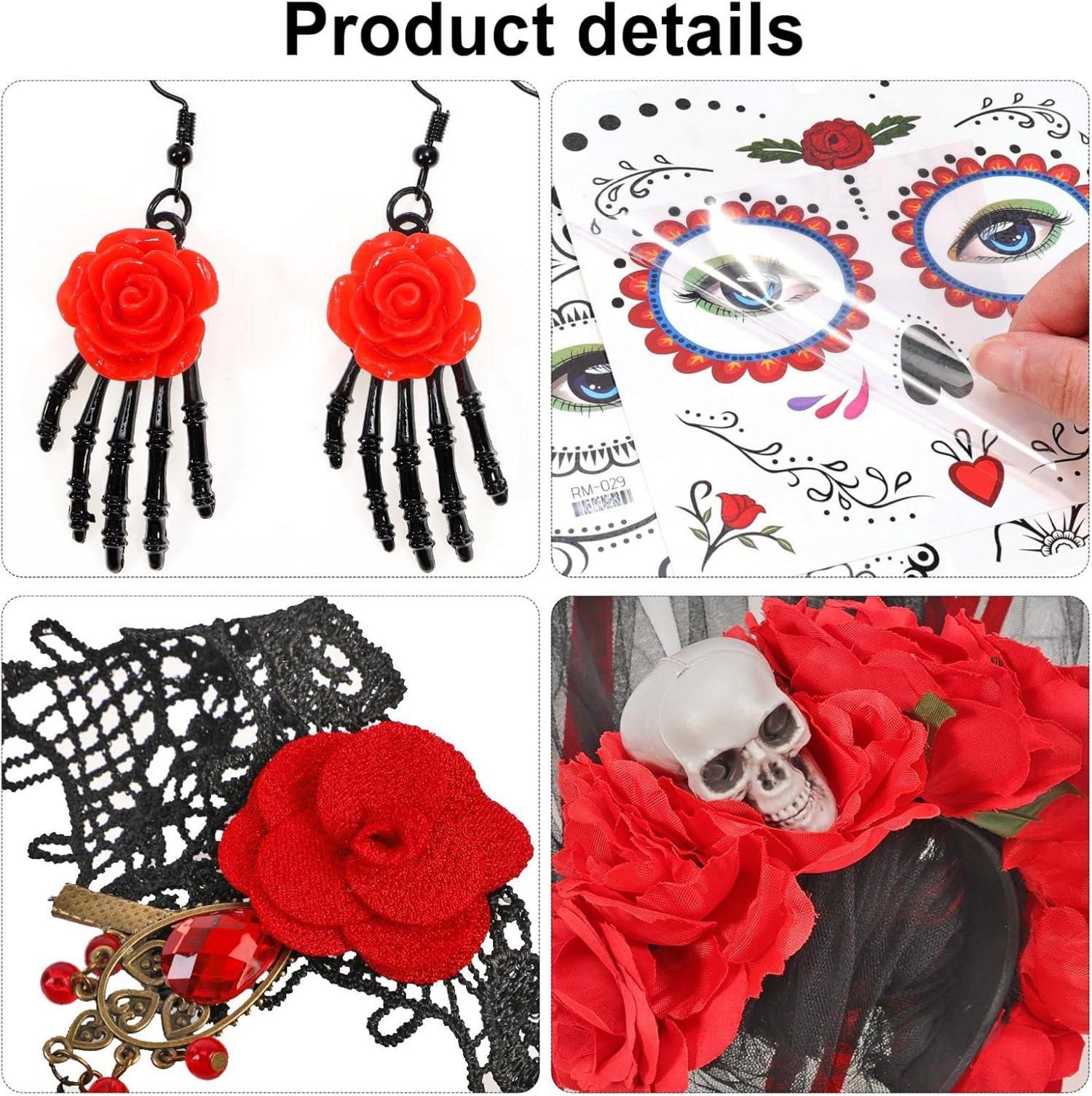 Dia De Los Muertos Halloween Haarreif Set mit Rosen Choker Ohrringe