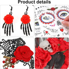 Dia De Los Muertos Halloween Haarreif Set mit Rosen Choker Ohrringe