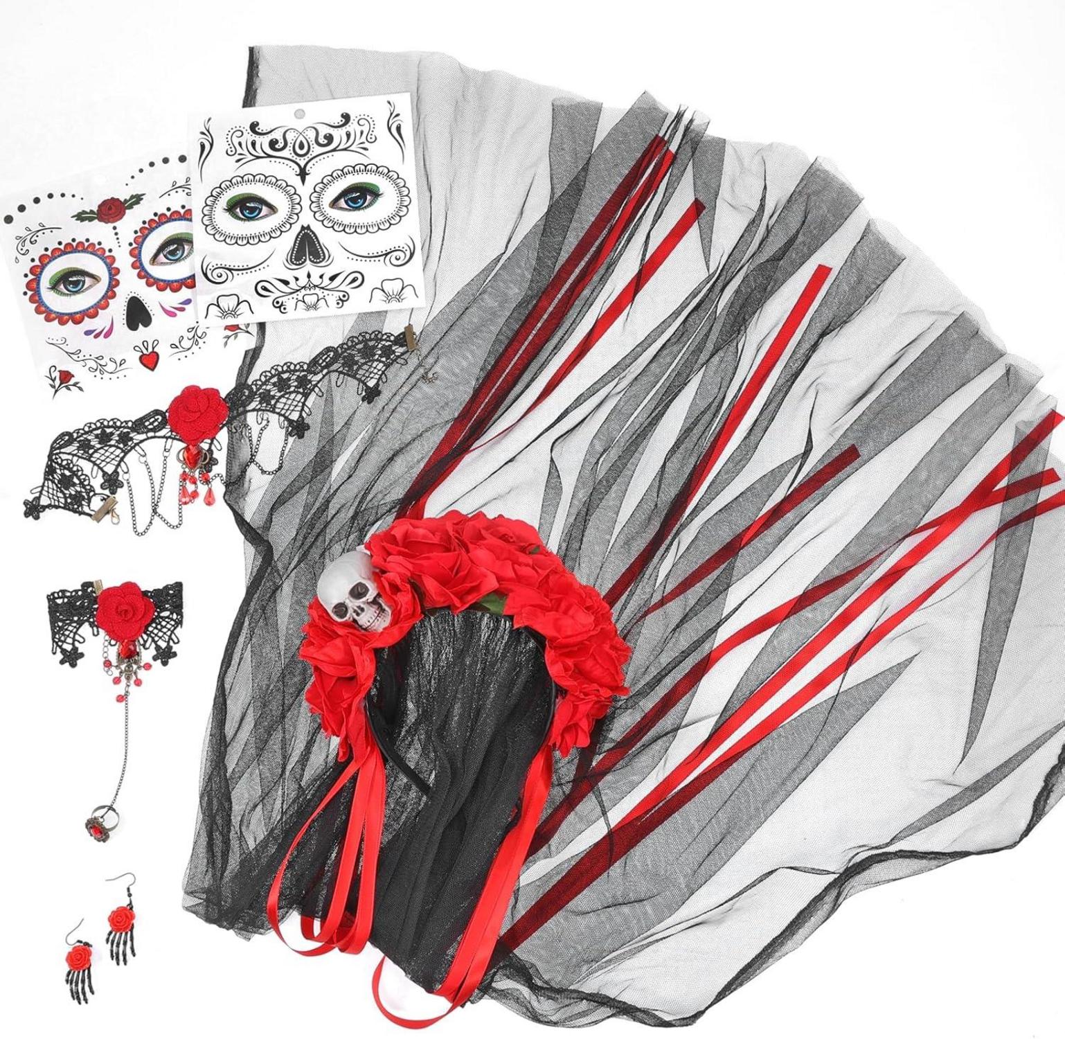 HOWAF Halloween Kostüm Damen Dia De Los Muertos Haarreif Schleier Set