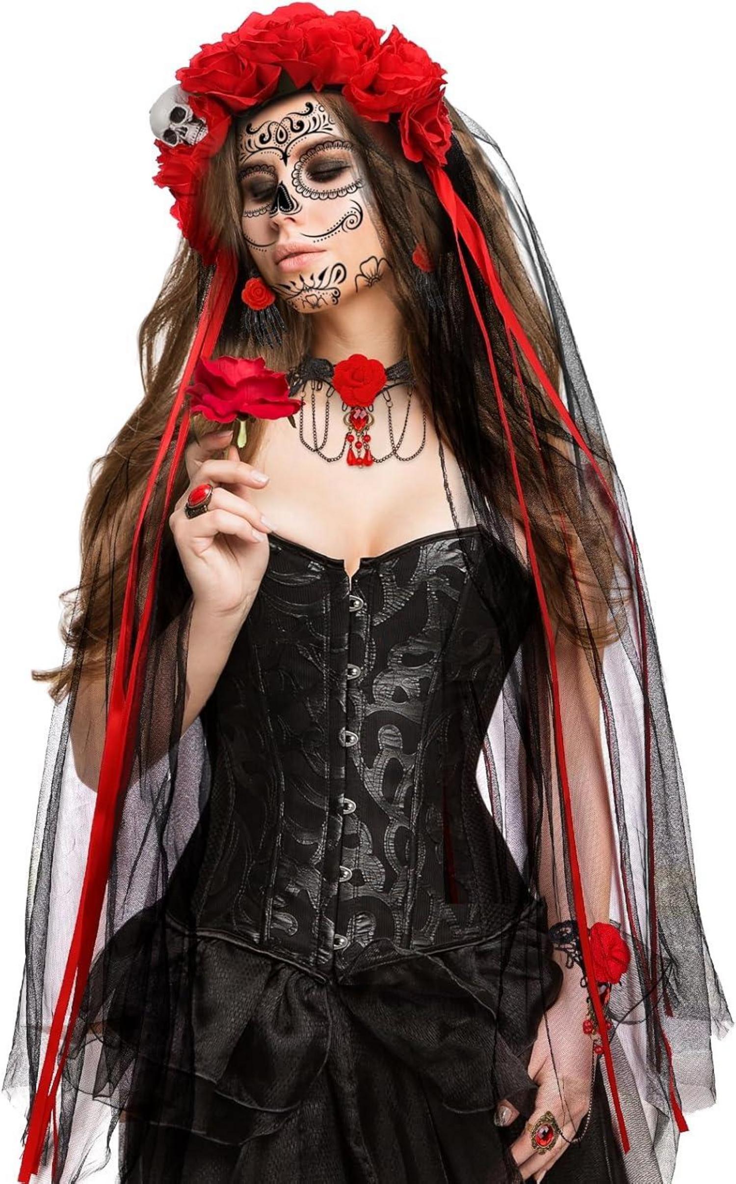 HOWAF Halloween Dia De Los Muertos Damen Haarreif Schleier Set
