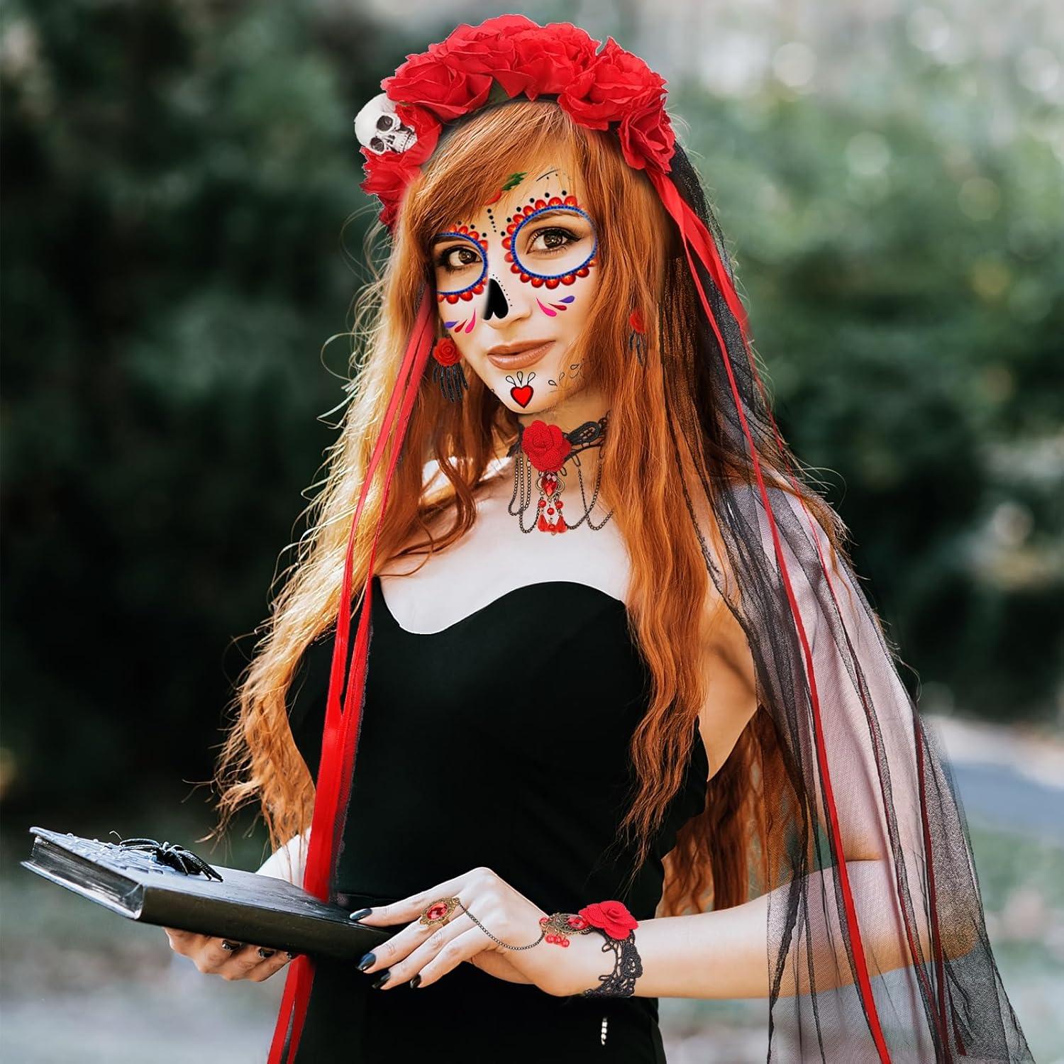 Halloween Kostüm Damen Dia De Los Muertos Haarreif Schleier Rosen
