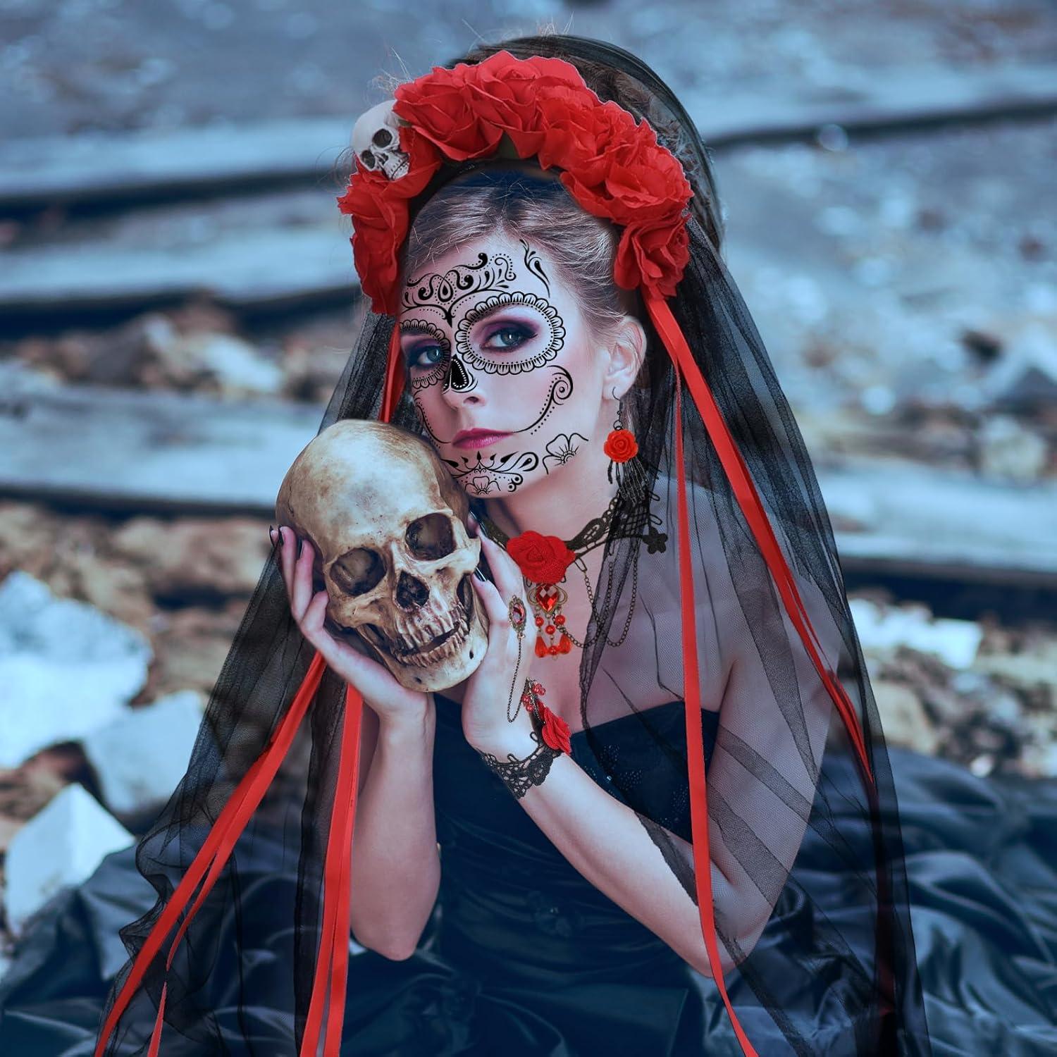 HOWAF Halloween Dia De Los Muertos Damen Haarreif Schleier Set
