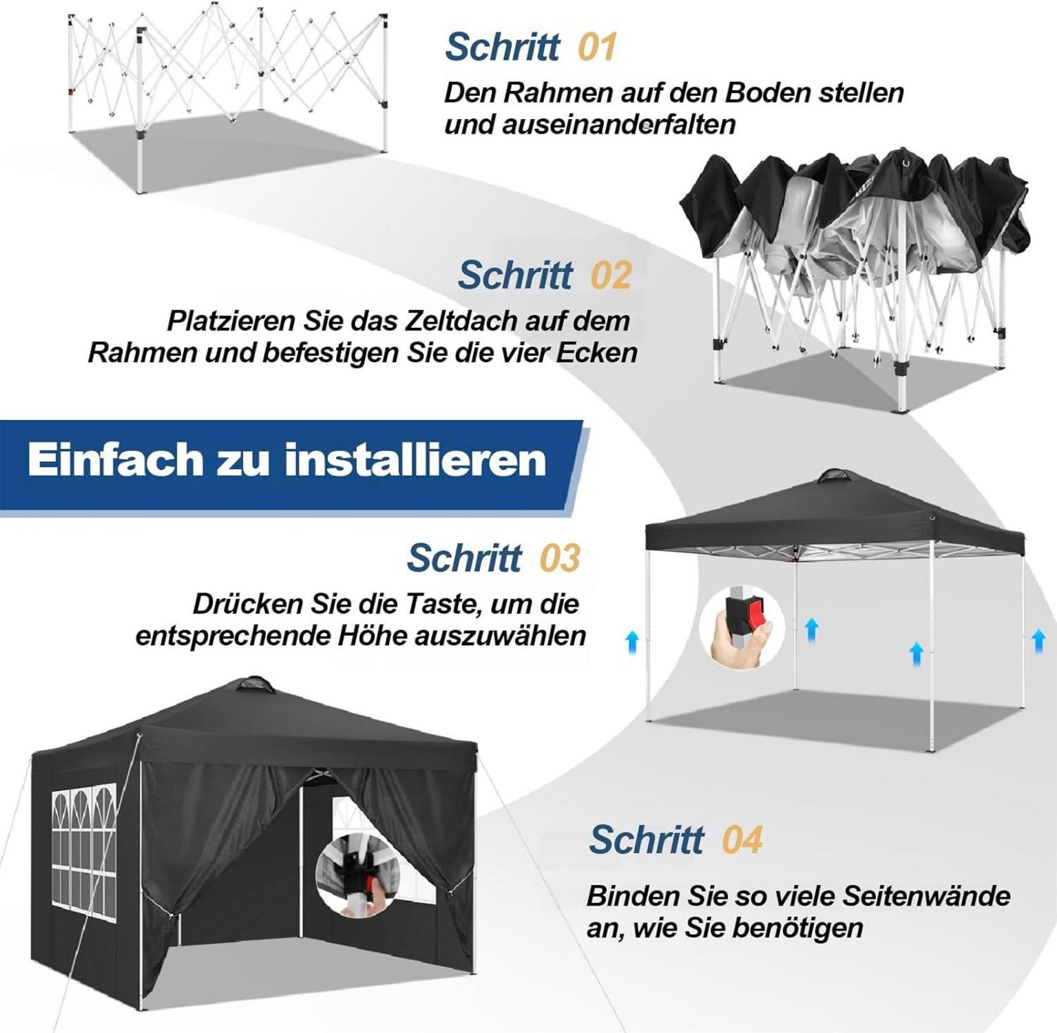 COBIZI Pavillon 3x3m Schwarz, UV-Schutz 50+ Wasserdicht Winterfest mit Seitenteilen & Sandsäcke