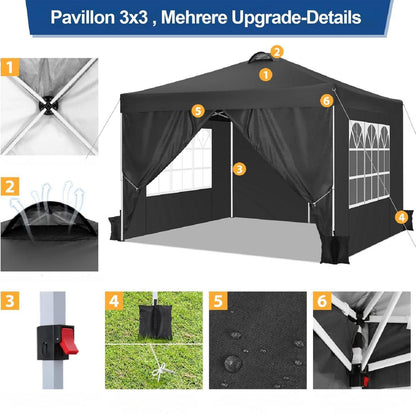 Pavillon 3x3 Faltpavillon UV-Schutz 50+ Wasserdicht Stabil Winterfest