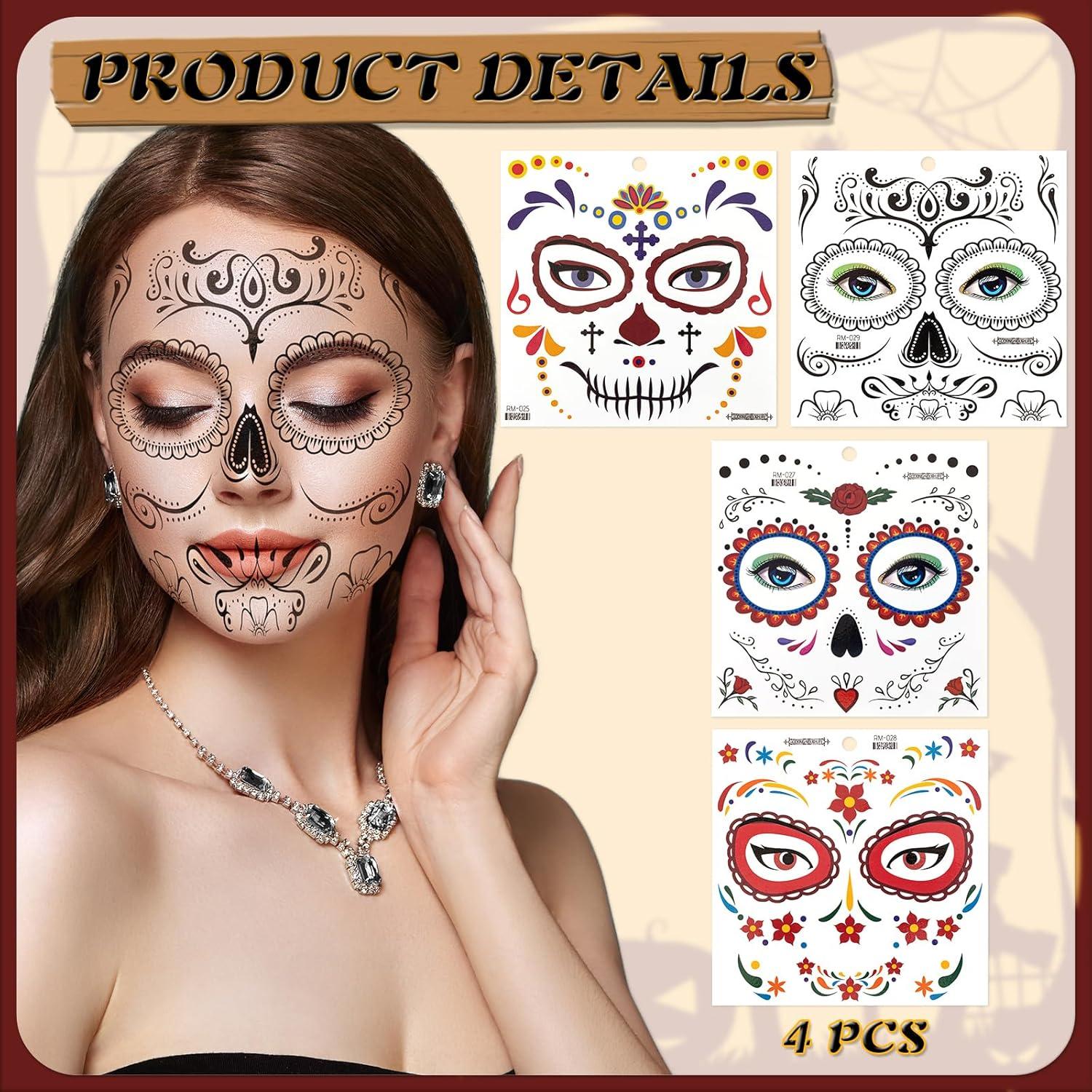 HOWAF Halloween Kostüm Damen Dia De Los Muertos Haarreif Schleier Gesicht Tattoos