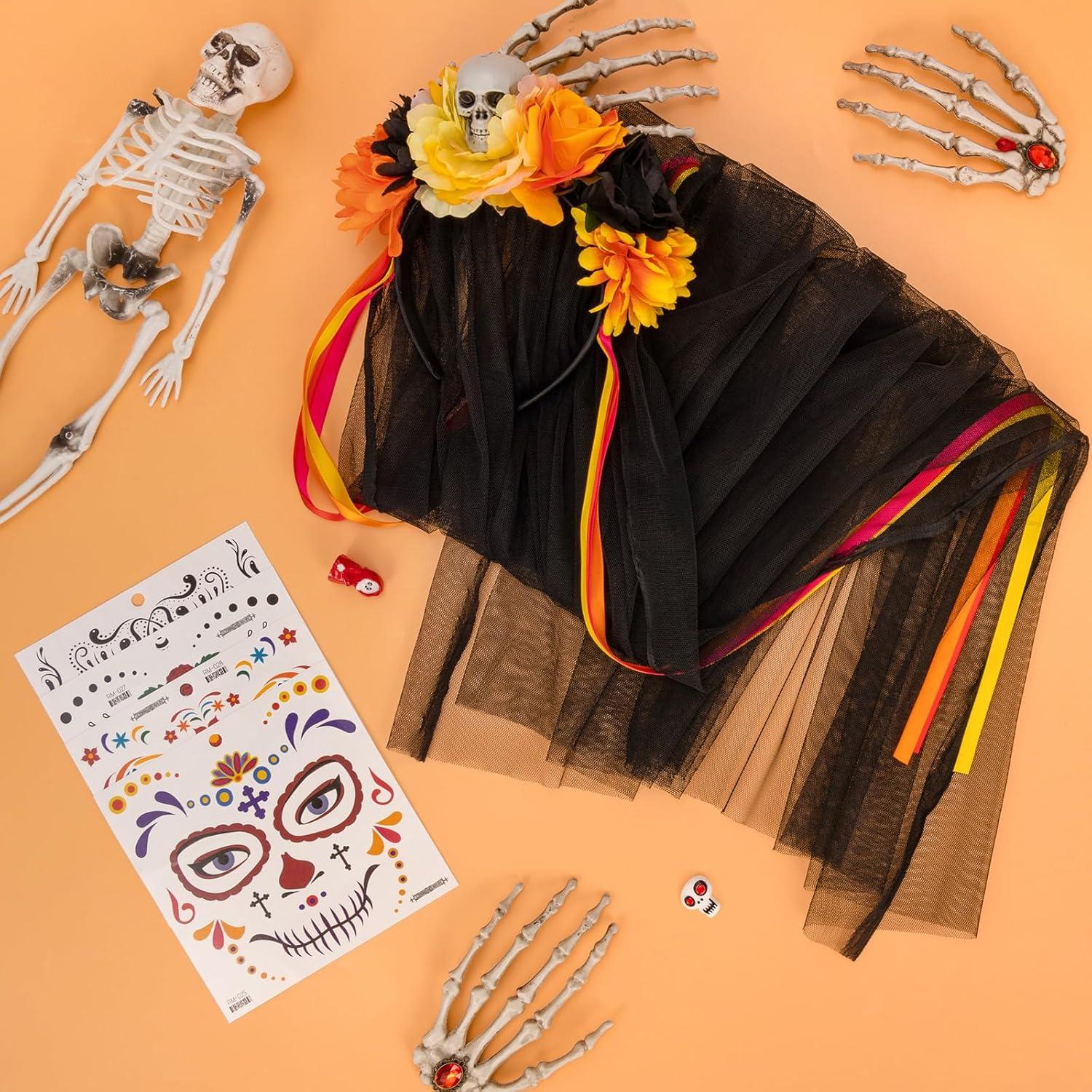 HOWAF Halloween Damen Dia De Los Muertos Haarreif Schleier Tattoo Set