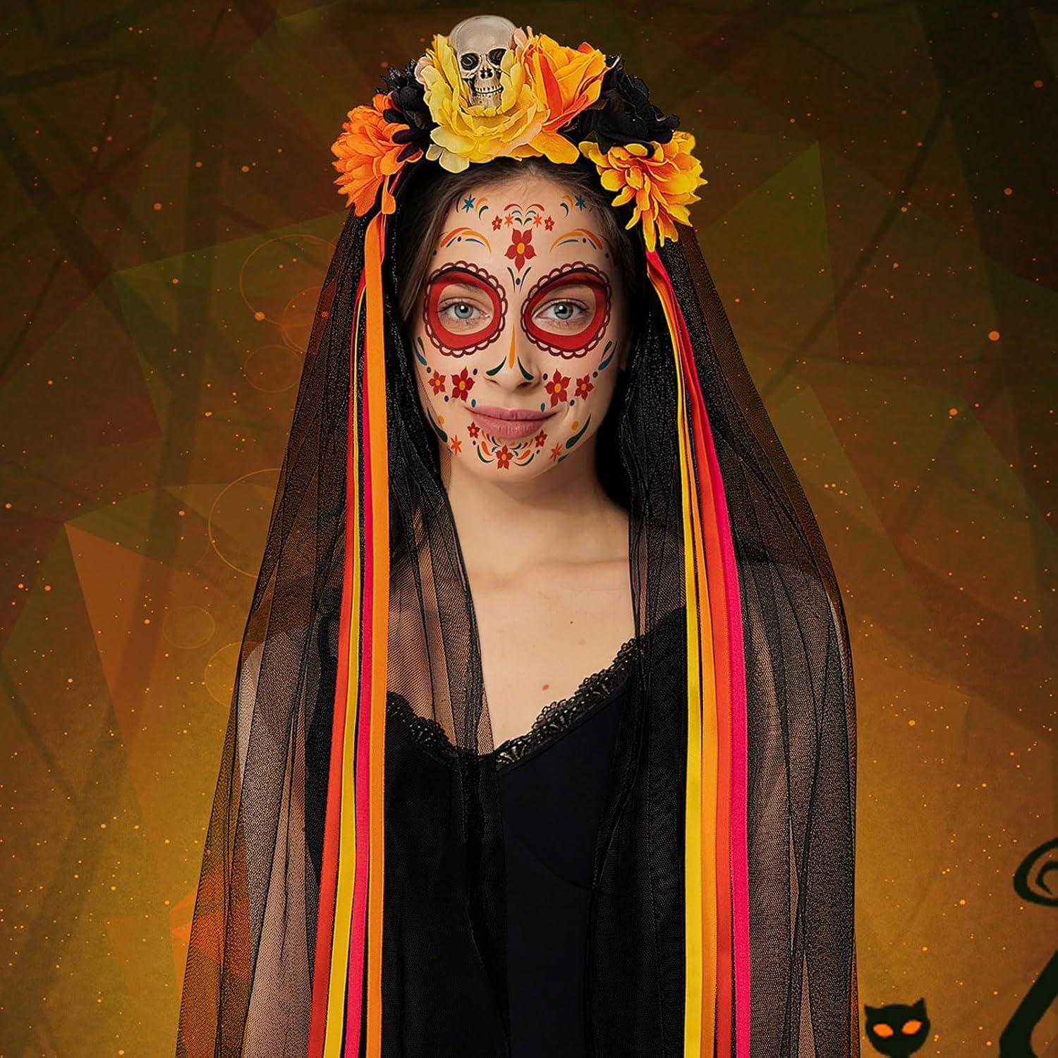 Halloween Kostüm Damen Haarreif Schleier Rosen Gesicht Tattoos_UNIFORM