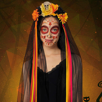 Halloween Kostüm Damen Haarreif Schleier Rosen Gesicht Tattoos_UNIFORM