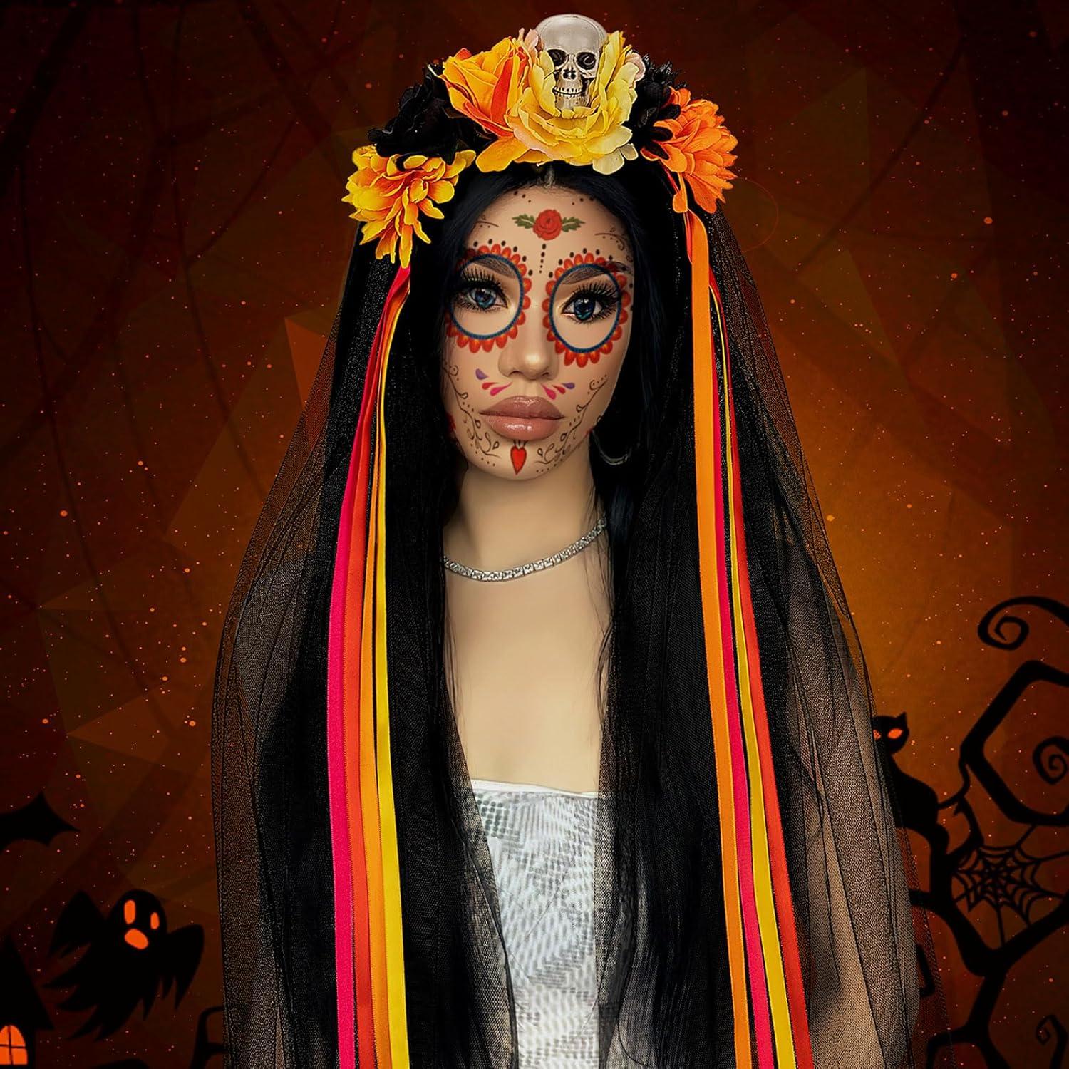 HOWAF Halloween Damen Dia De Los Muertos Haarreif Schleier Tattoo Set