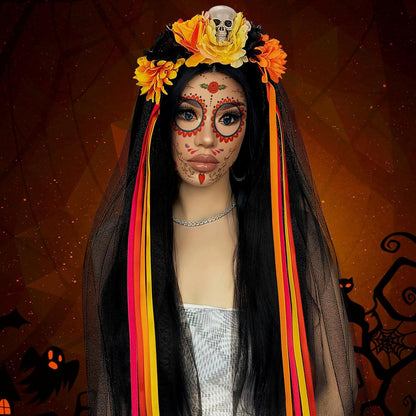 HOWAF Halloween Damen Dia De Los Muertos Haarreif Schleier Tattoo Set