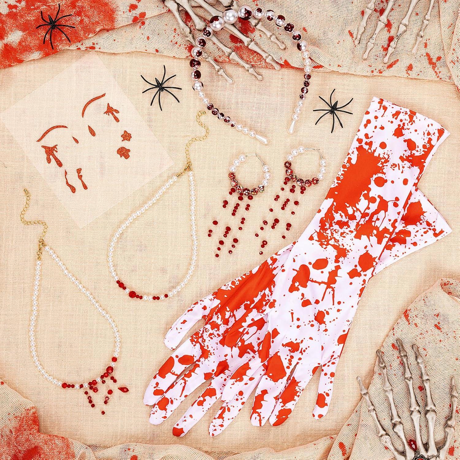 Halloween Damen Kostüm Haarreif Blut Ohrringe Handschuhe Tattoo