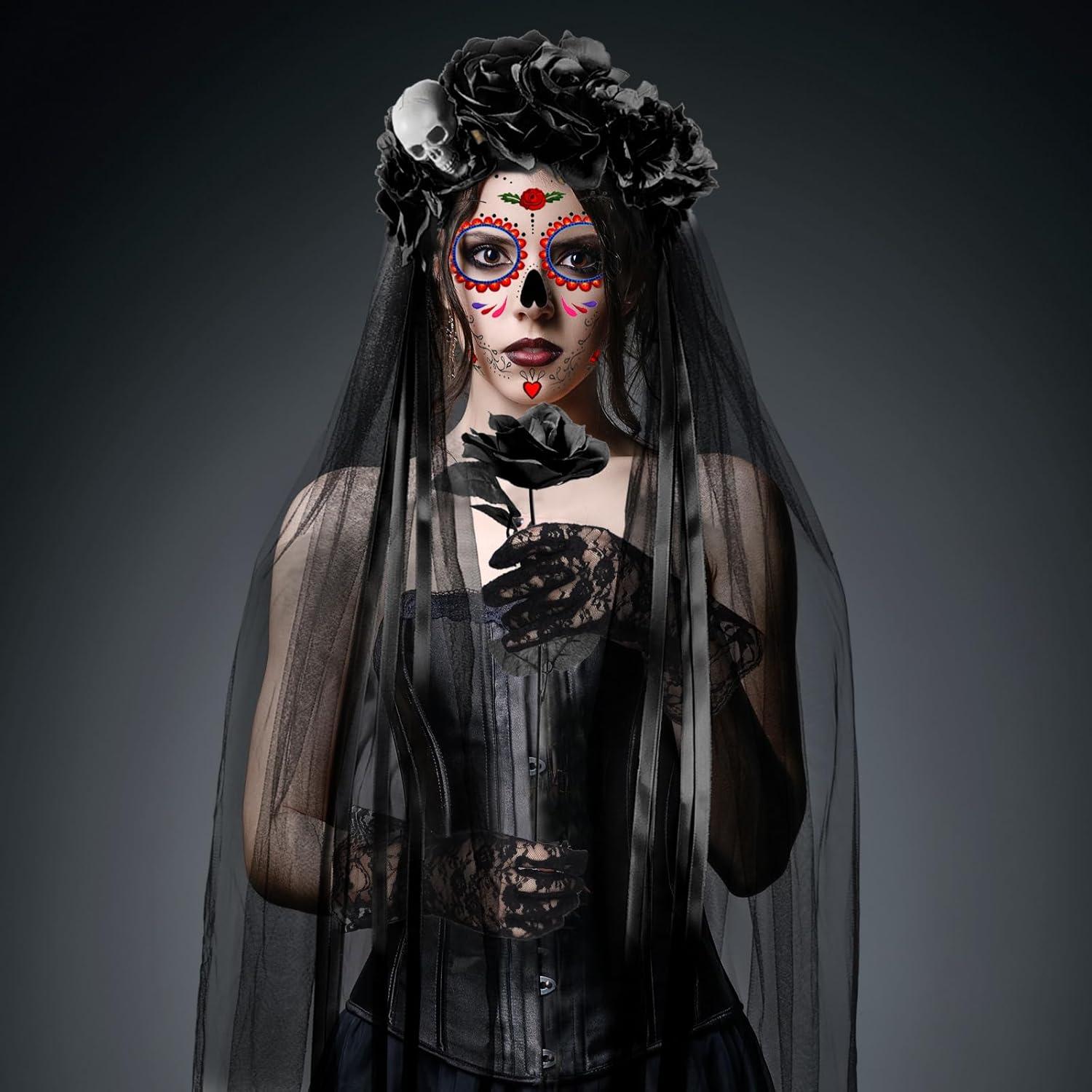 Dia De Los Muertos Damen Halloween Kostüm Set Blumen Haarreif Tattoos Schwarz