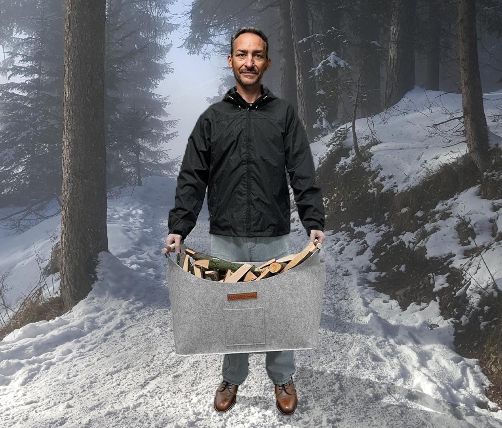XL Holzkorb aus Extradickem Filz, Kaminholz Feuerholzkorb, 40L