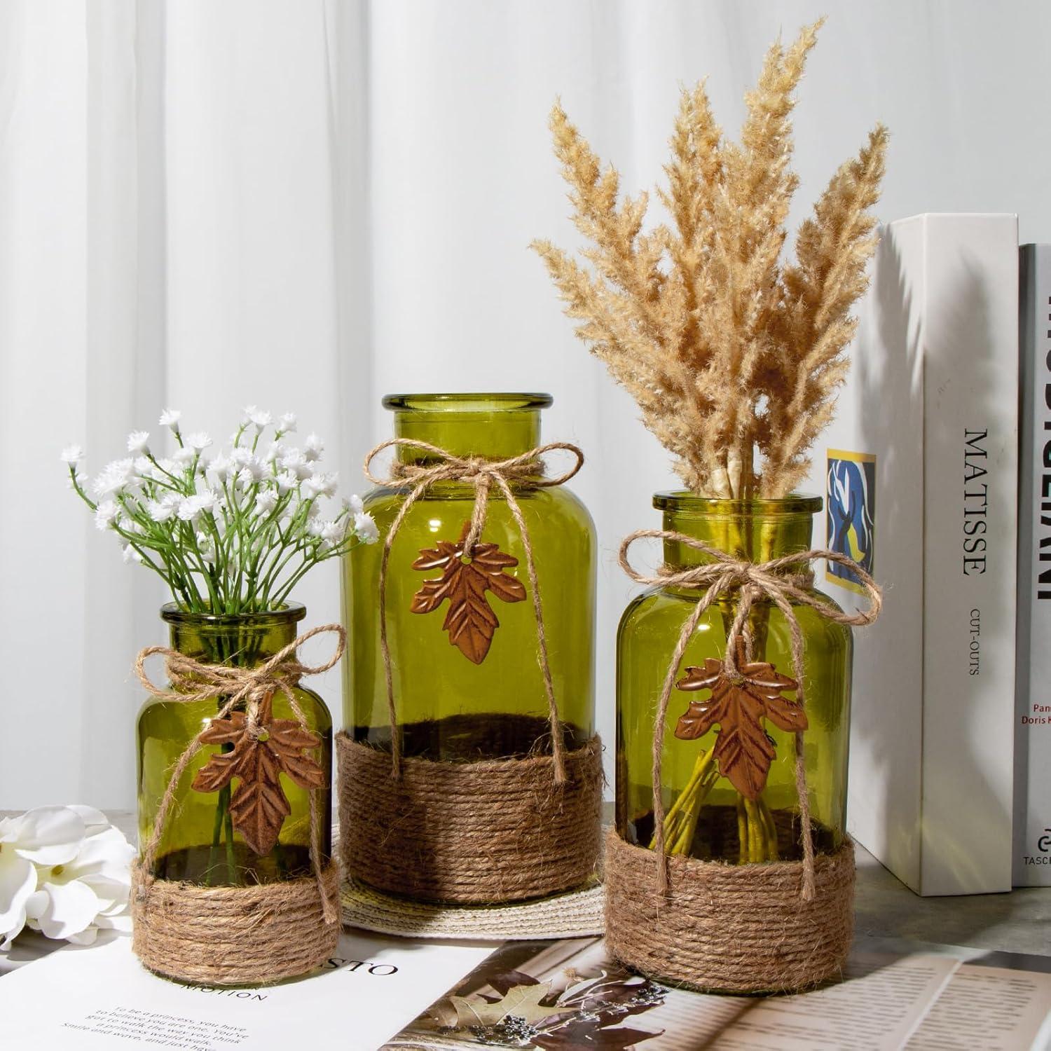 Glasvase Zylindrisch Boho Dekoration Blumenvasen 3er Set Grün