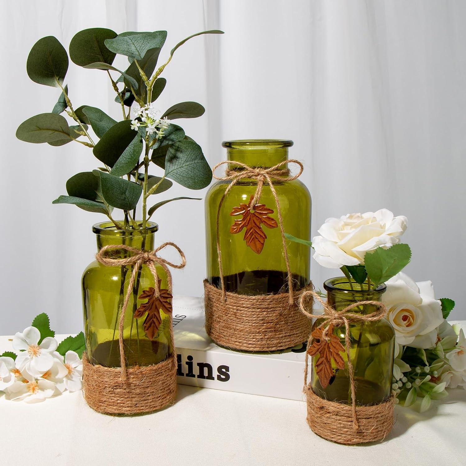 Glasvasen Set 3er 12.5/16.5/20CM Boho Deko Blumenvasen Grün