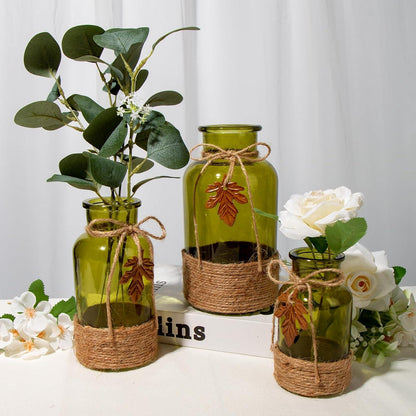 Glasvasen Set 3er 12.5/16.5/20CM Boho Deko Blumenvasen Grün