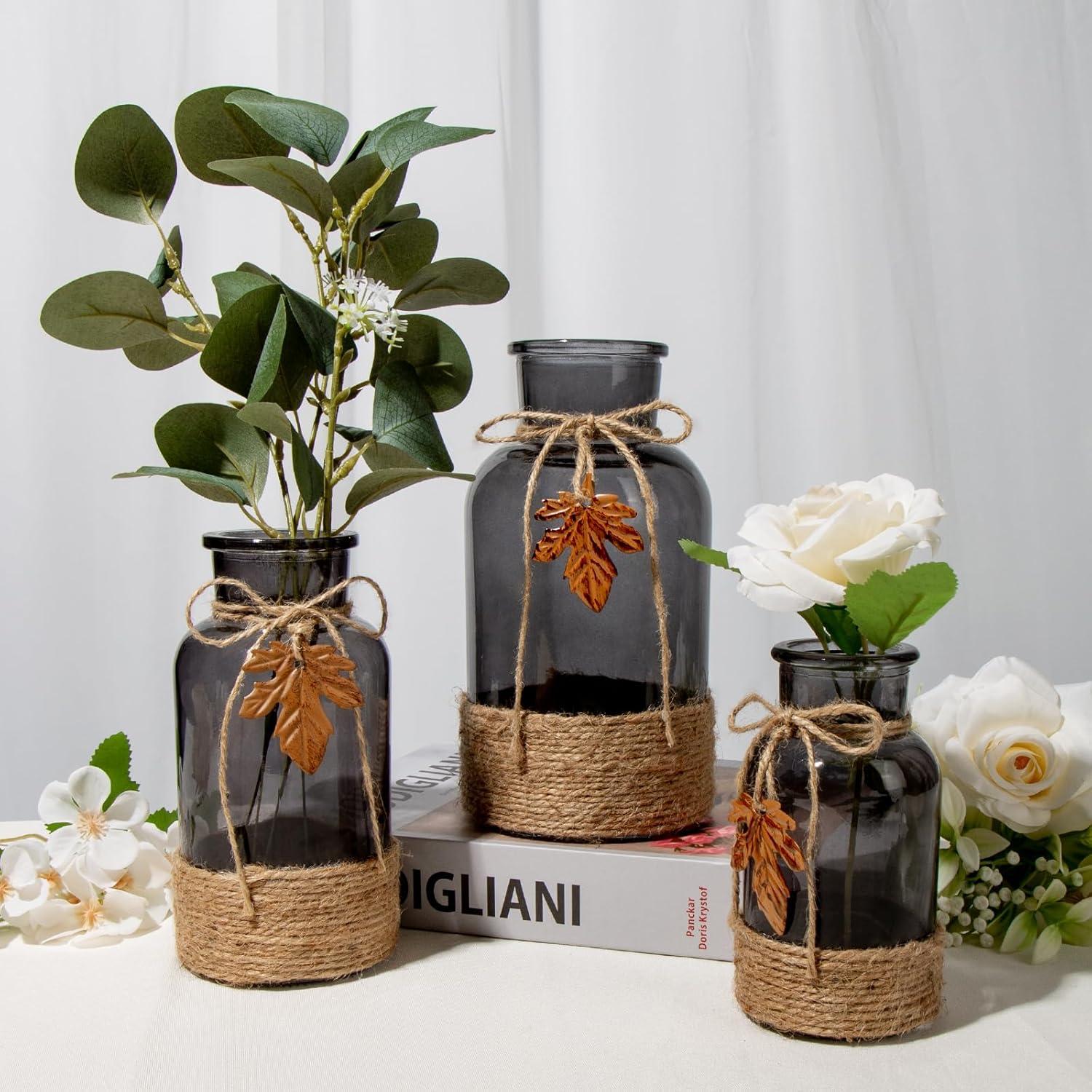 Glasvase Zylindrisch Boho Deko Smoke, 3er Set Ø 7/8.5/10 x H 12.5/16.5/20 cm