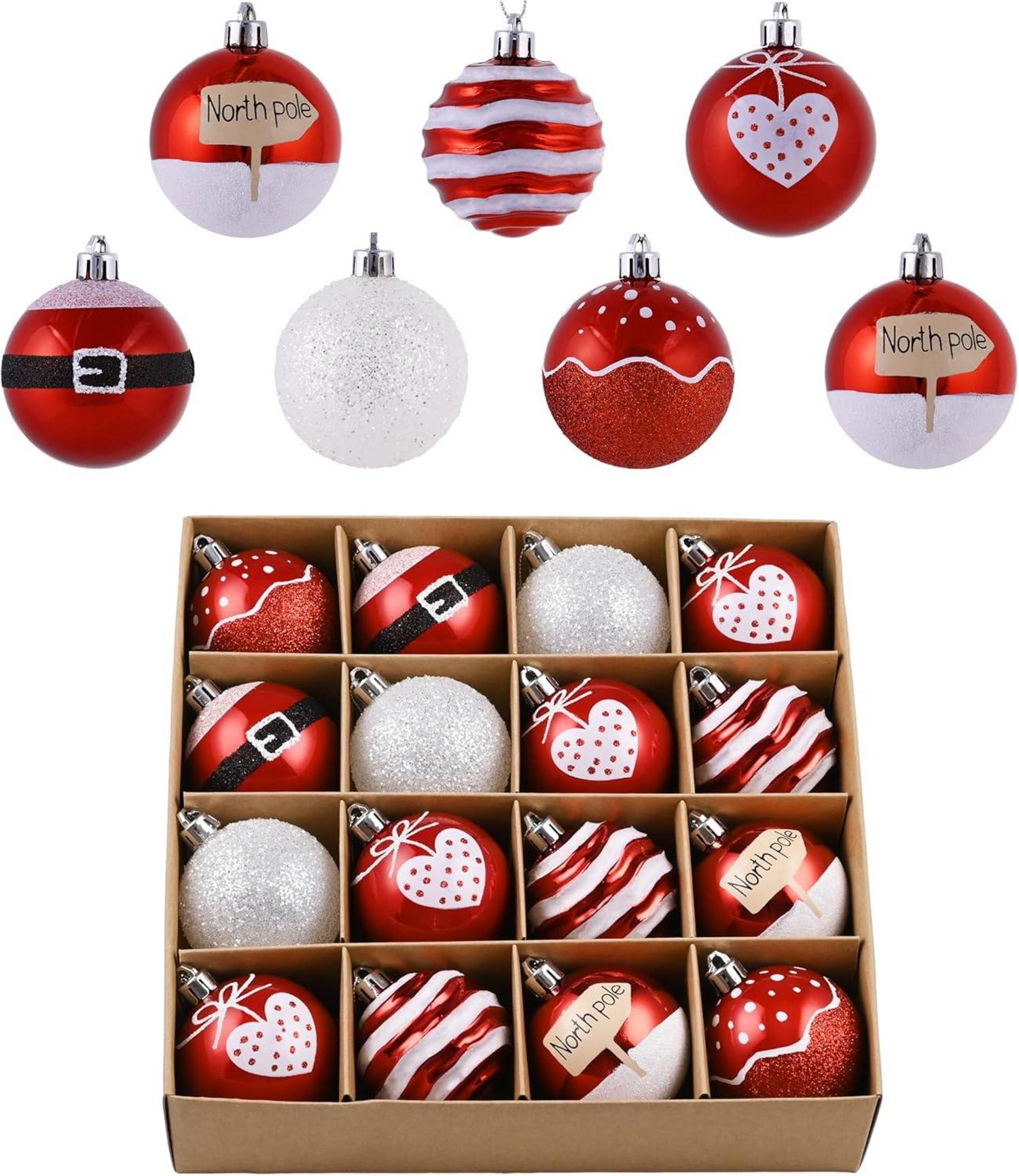 16er Set Weihnachtskugeln 6cm Christbaumschmuck Rot Weiß Glitzernd