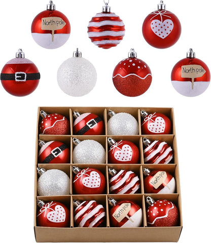 16er Set Weihnachtskugeln 6cm Christbaumschmuck Rot Weiß Glitzernd