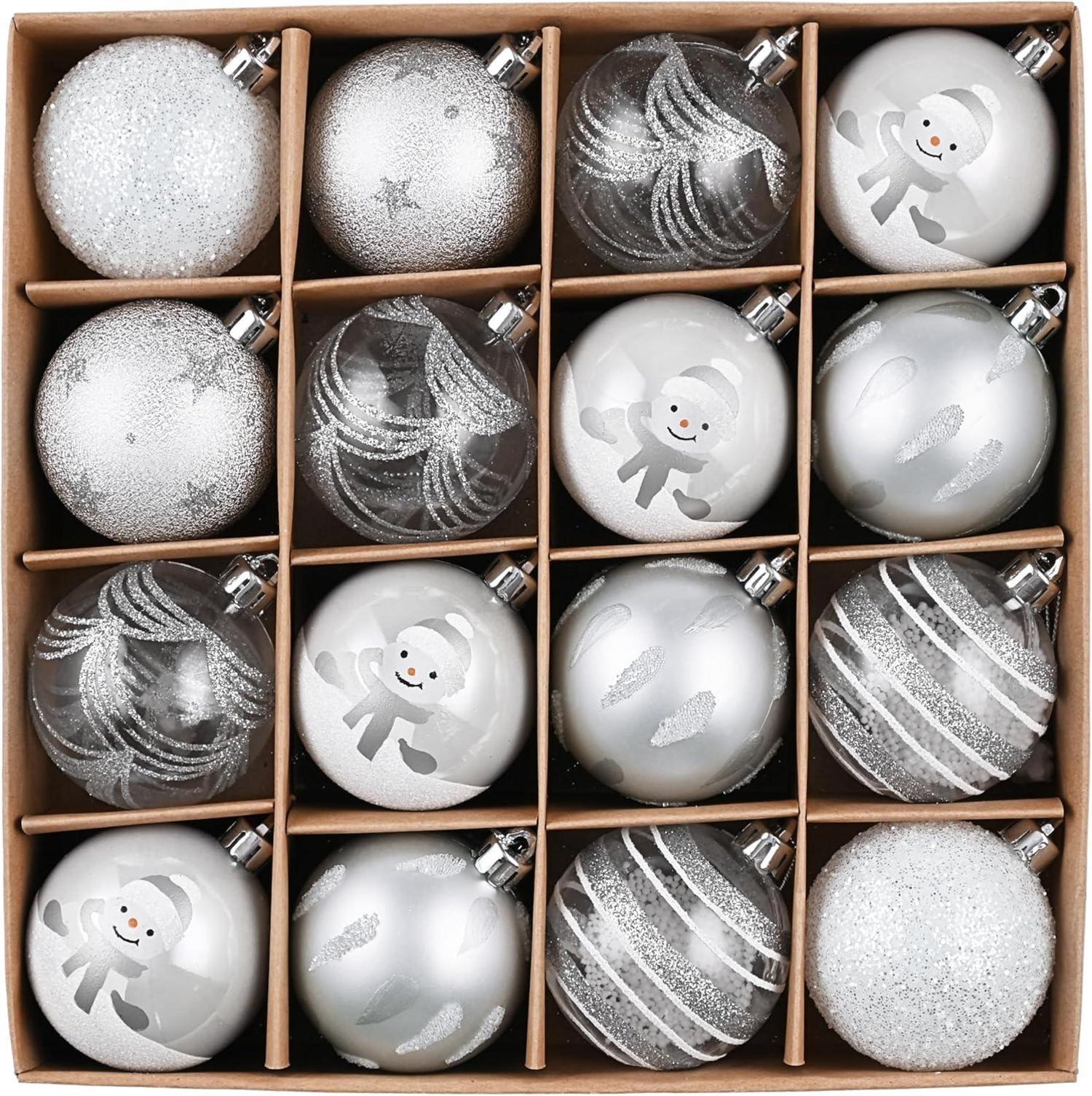 Weihnachtskugeln 16 Stück 6cm Silber Weiß Transparent