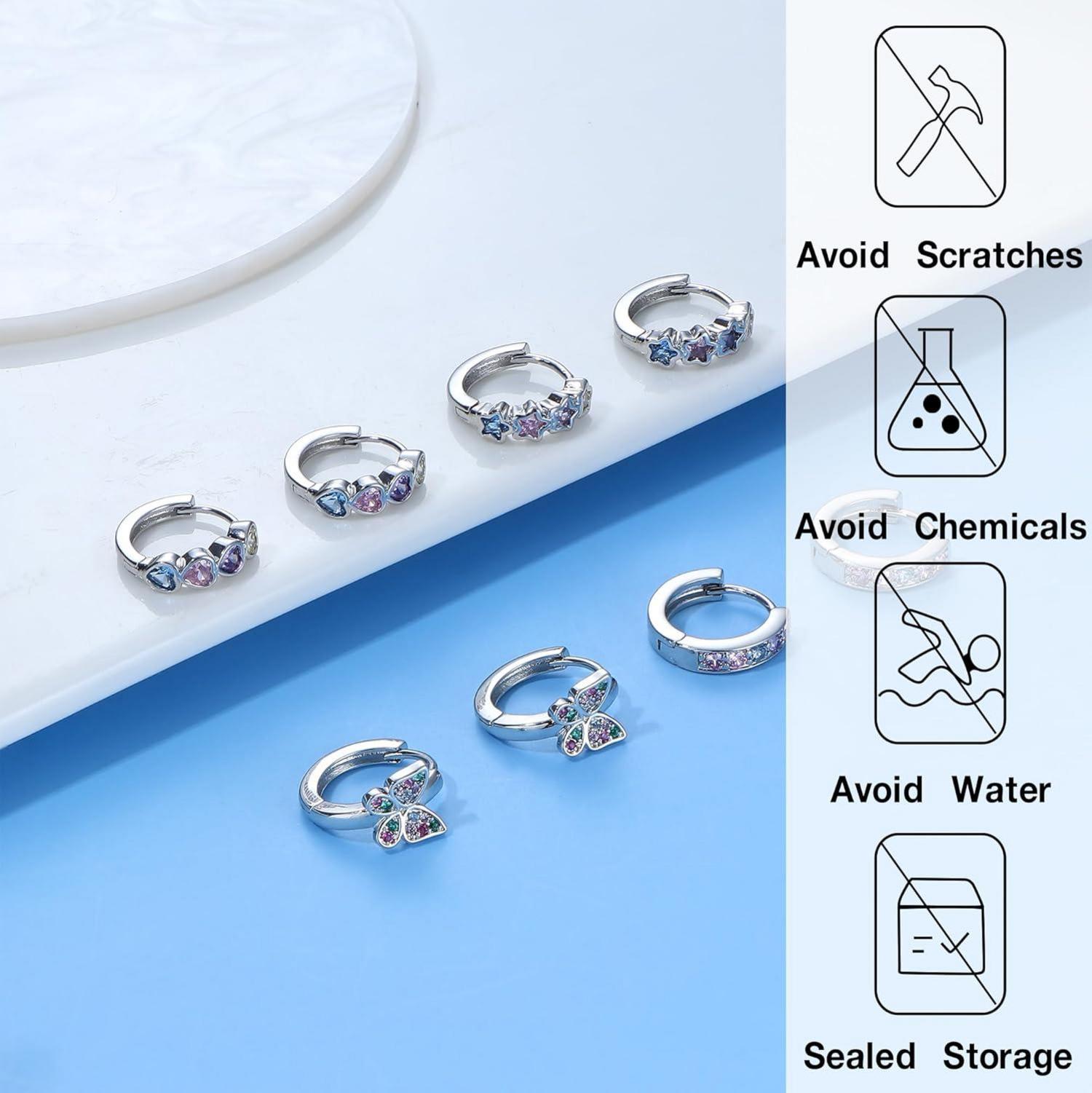 4 Paar Kleine Creolen Silber Set Mädchen Ohrringe Herz Stern