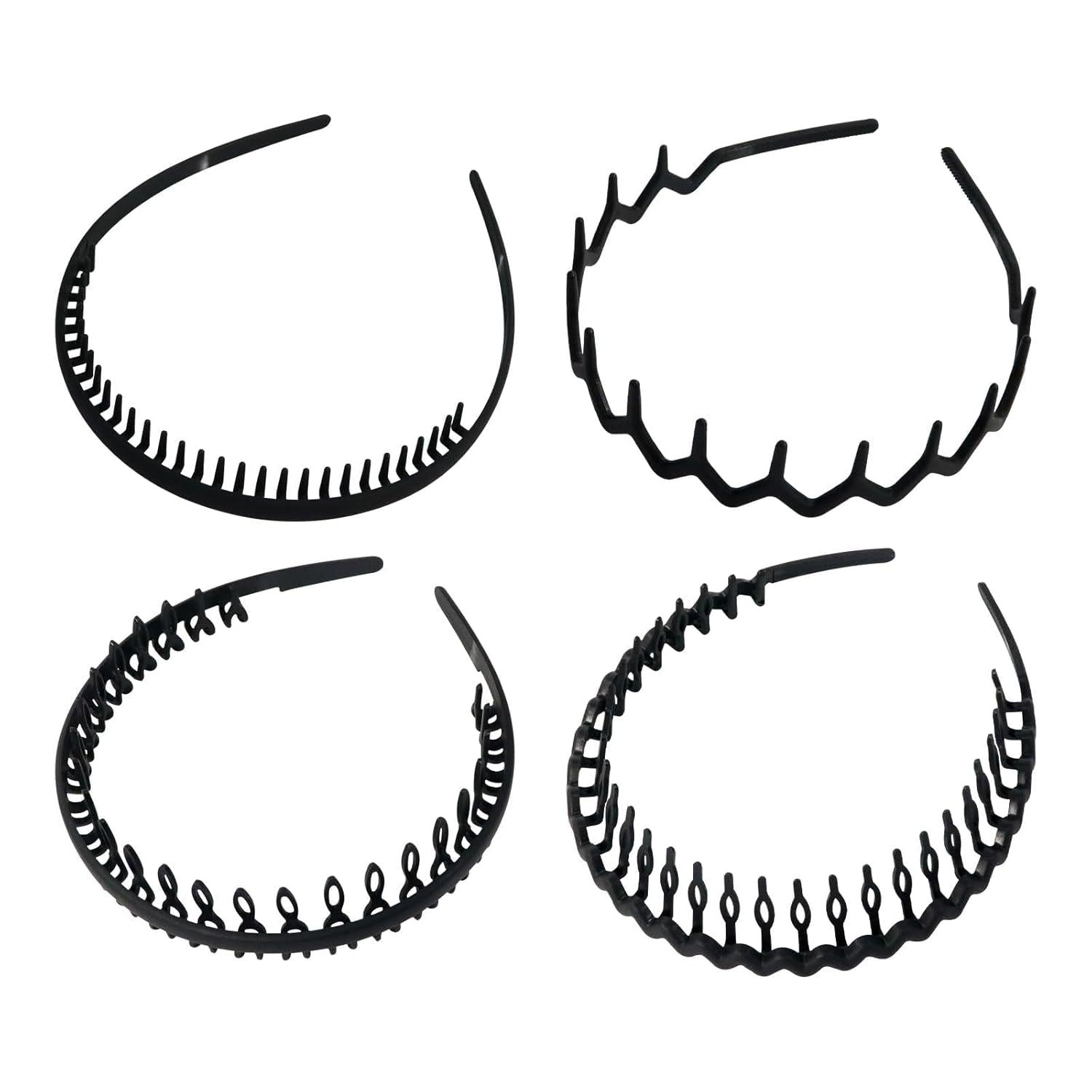 4er Set Schwarz Kunststoff Haarreifen Wave Design - Sport Yoga Outdoor