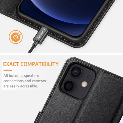 iPhone 12/12 Pro Leder Handyhülle Schwarz mit Kartenschlitzen & Standfunktion