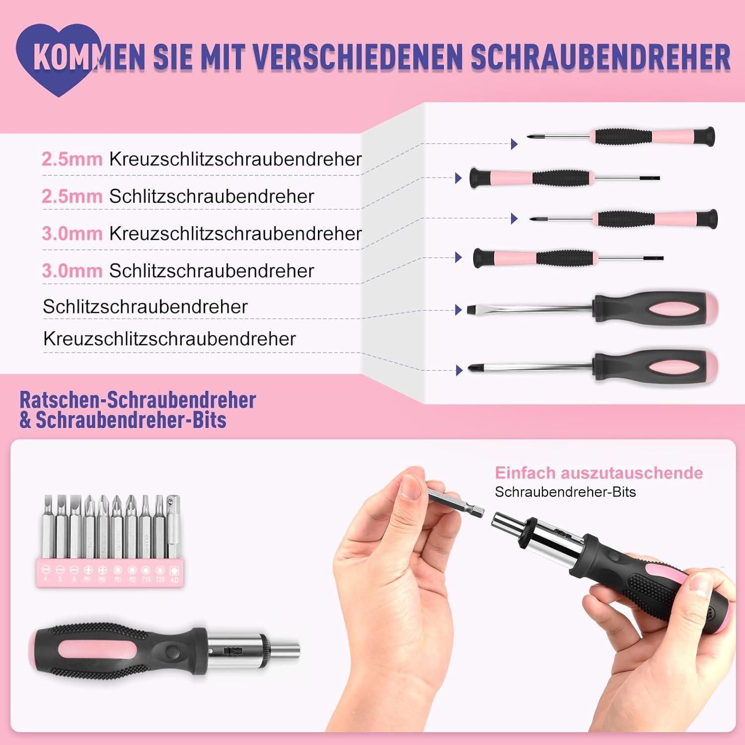 Werkzeugkoffer Profi 148tlg Haushaltswerkzeugkasten Set Männer Frauen Rosa