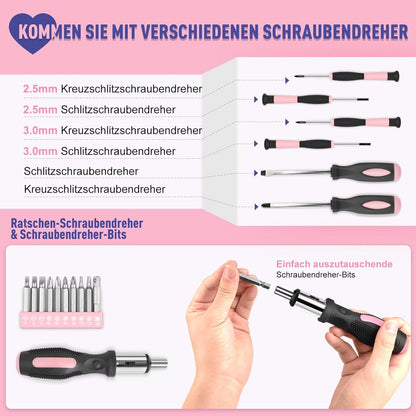 Werkzeugkoffer Profi 148tlg Haushaltswerkzeugkasten Set Männer Frauen Rosa