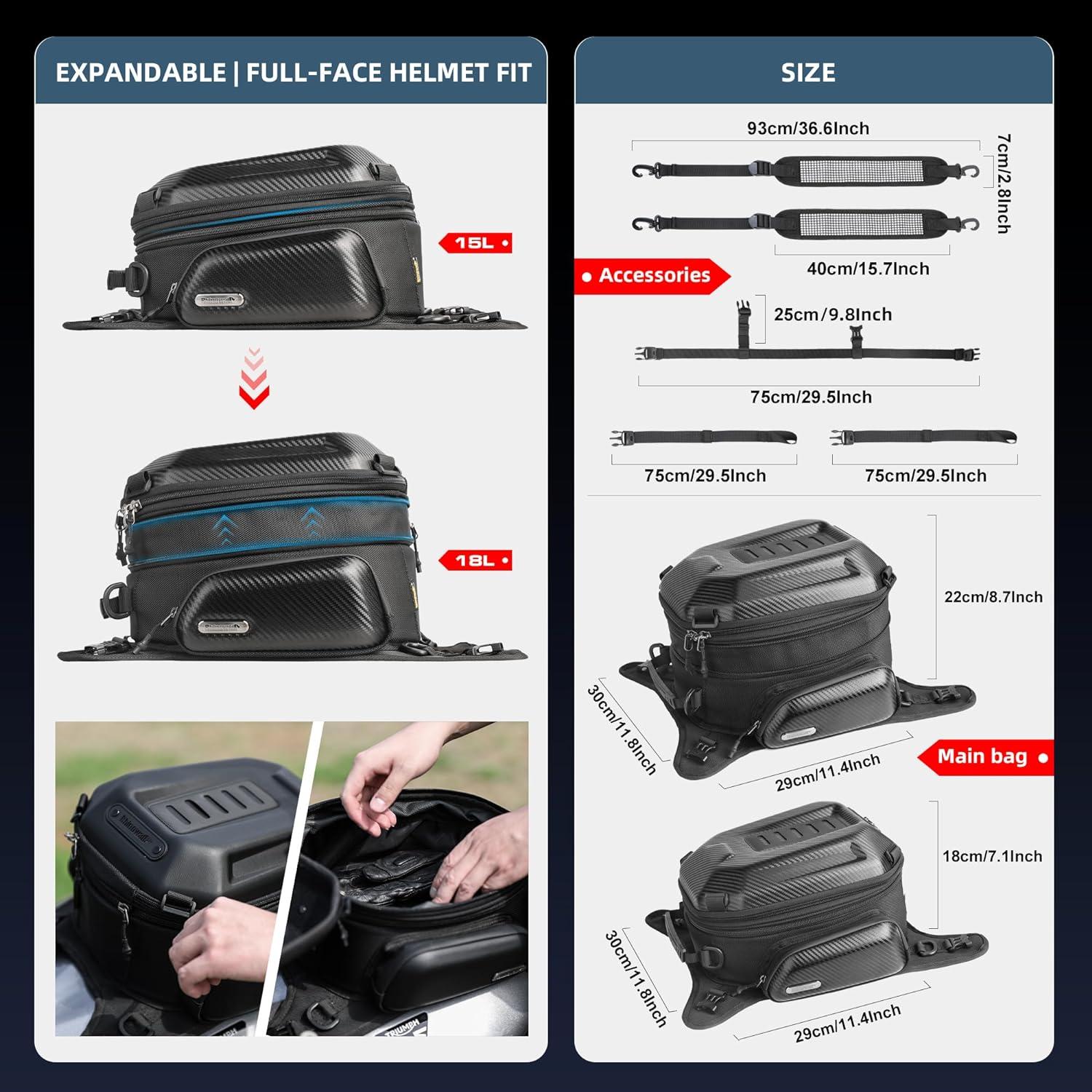 Motorrad Tankrucksack Hartschale Wasserdicht Erweiterbar 15-18L Schwarz