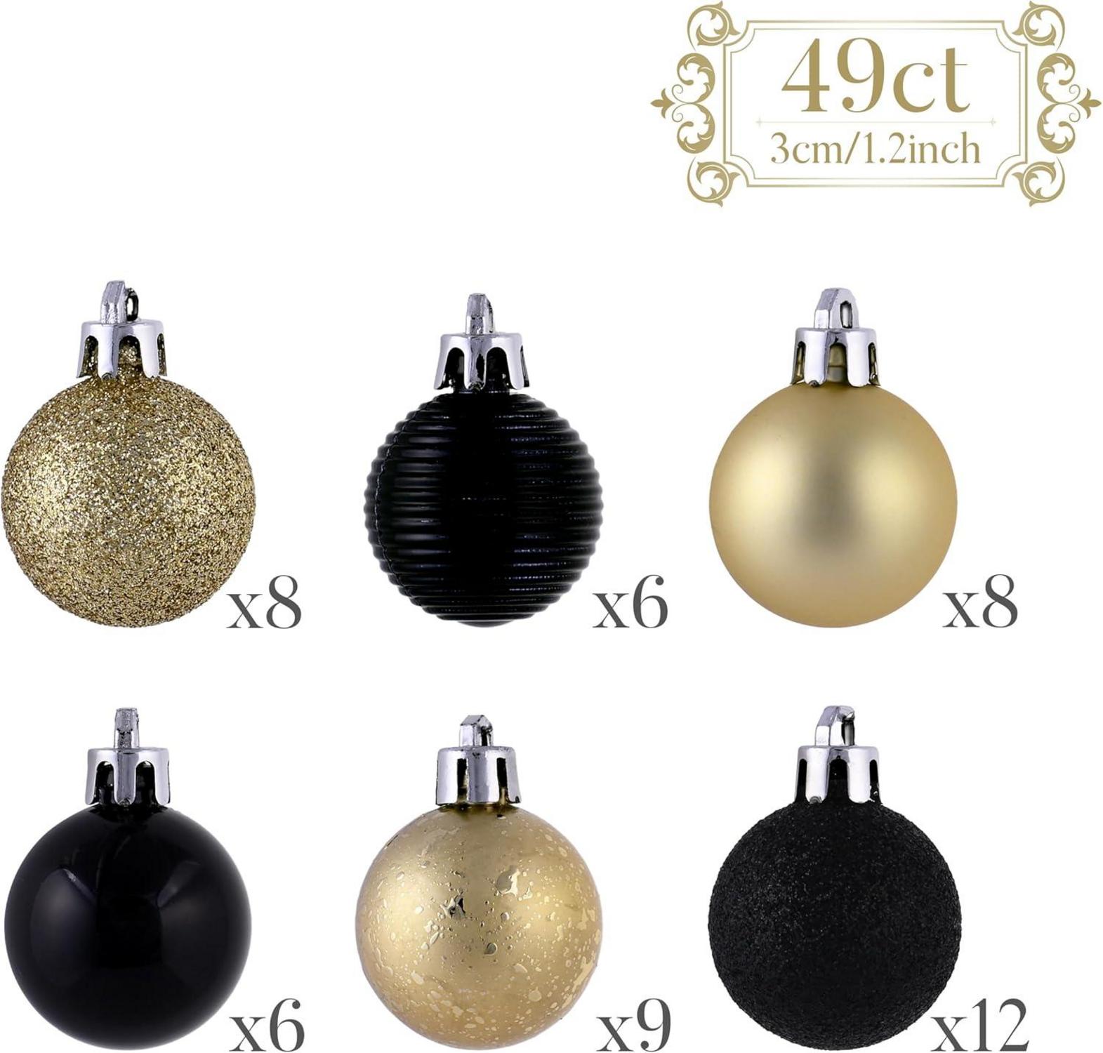 Christbaumkugeln Kunststoff Weihnachtskugel, 49 Stück Schwarz Gold 3cm