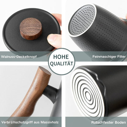 Teetasse mit Palisandergriff, Keramik Sieb und Deckel 360ml