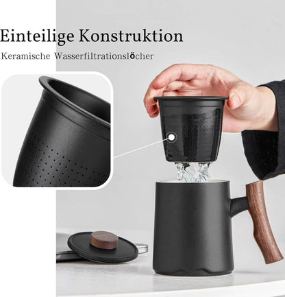 Teetasse mit Sieb und Deckel 360ml Palisandergriff Steinzeug Schwarz