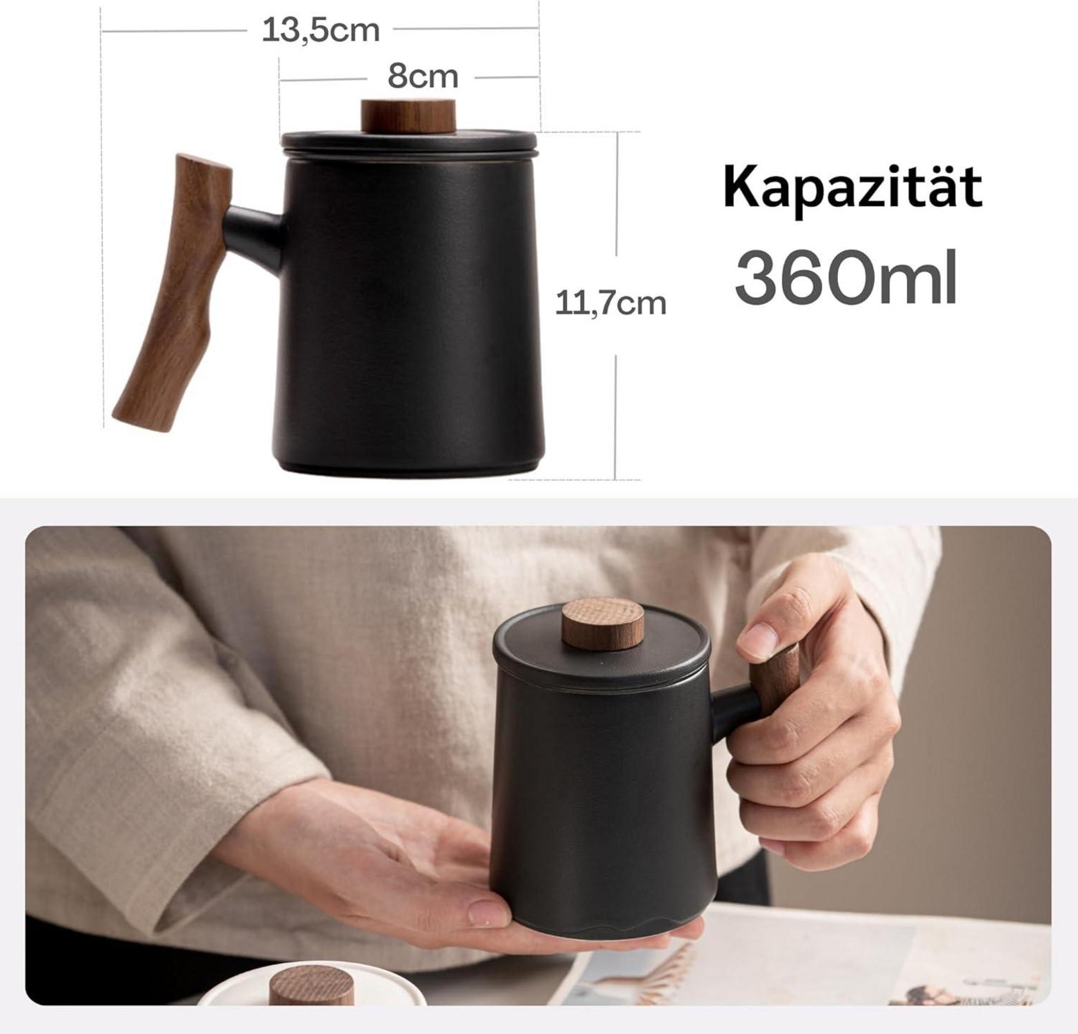 Teetasse mit Sieb und Palisandergriff 360ml Keramik Steinzeug Schwarz