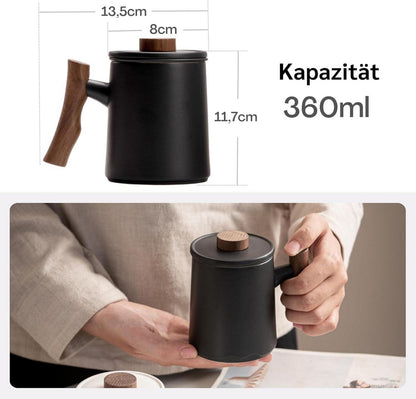 Teetasse mit Sieb und Palisandergriff 360ml Keramik Steinzeug Schwarz