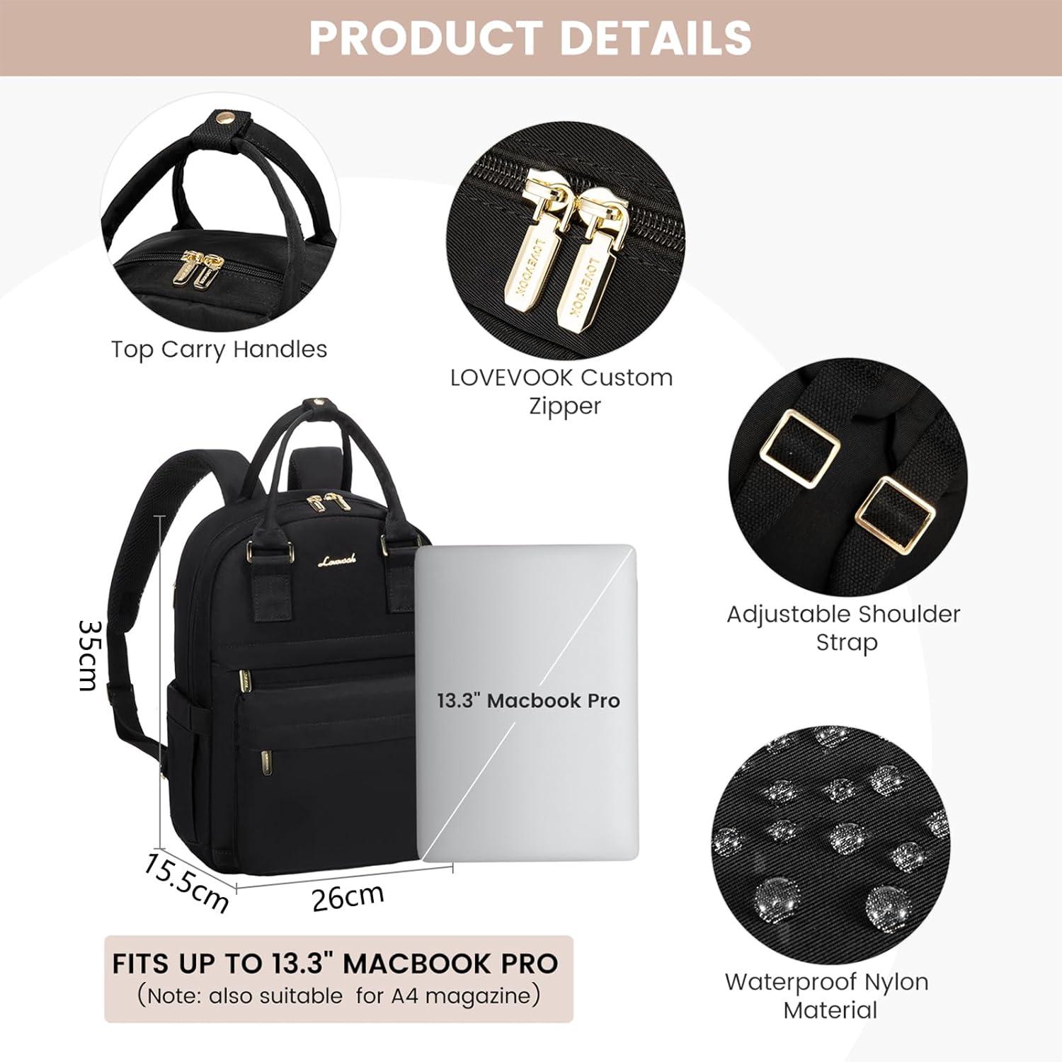 Damen Rucksack 13,3 Zoll Schwarz, Wasserdicht, 2-in-1 Handtasche, Cityrucksack, Mini Daypack