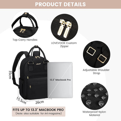 Damen Rucksack 13,3 Zoll Schwarz, Wasserdicht, 2-in-1 Handtasche, Cityrucksack, Mini Daypack