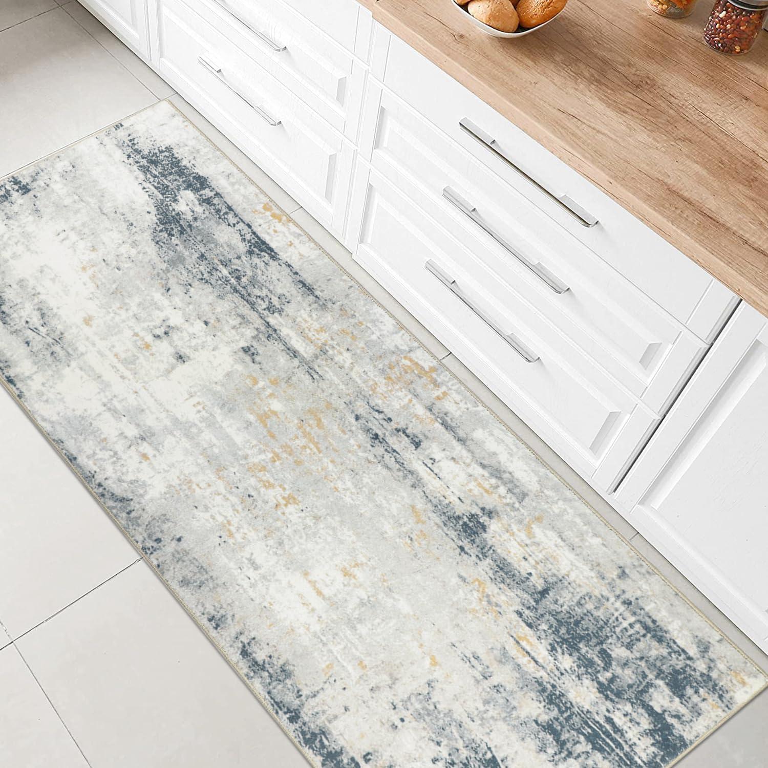 Teppichläufer Flur Küche rutschfest Waschbar 65x180cm Beige Blau