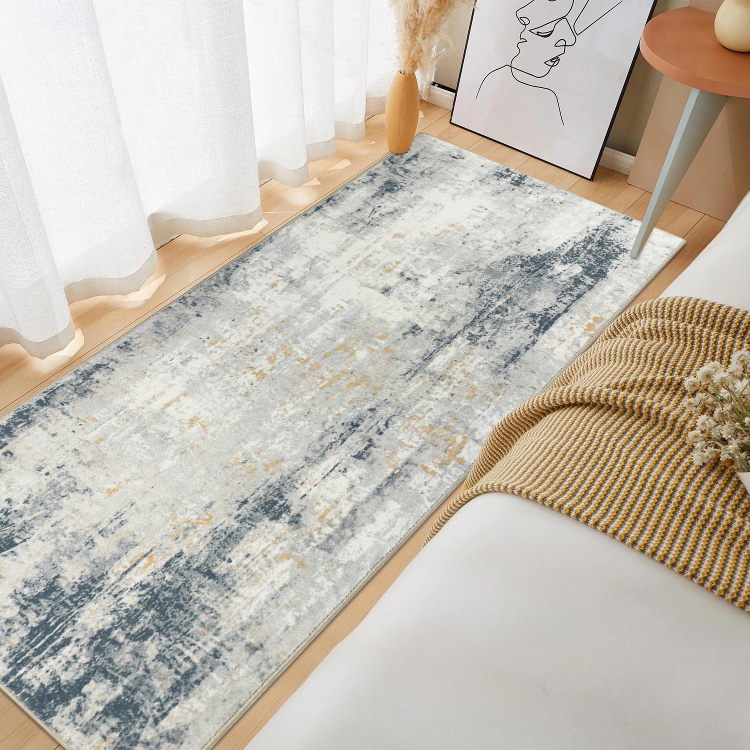 Teppichläufer Flur Küche rutschfest Waschbar 65x180cm Beige Blau