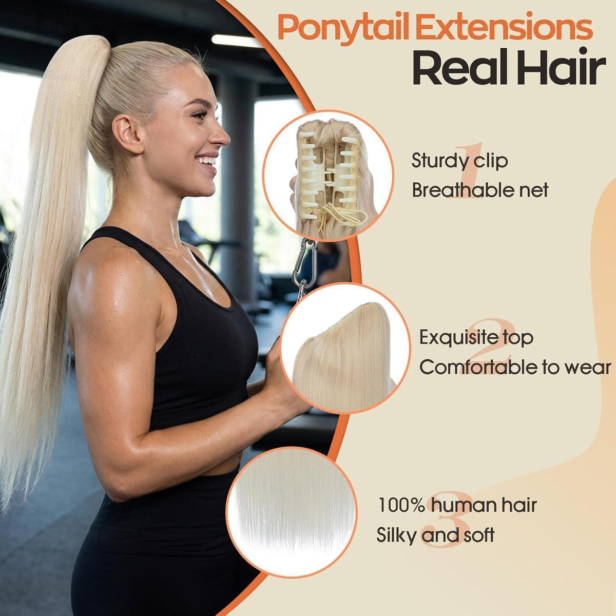 Echthaar Pferdeschwanz Extension Platinblond 45cm mit Klammer